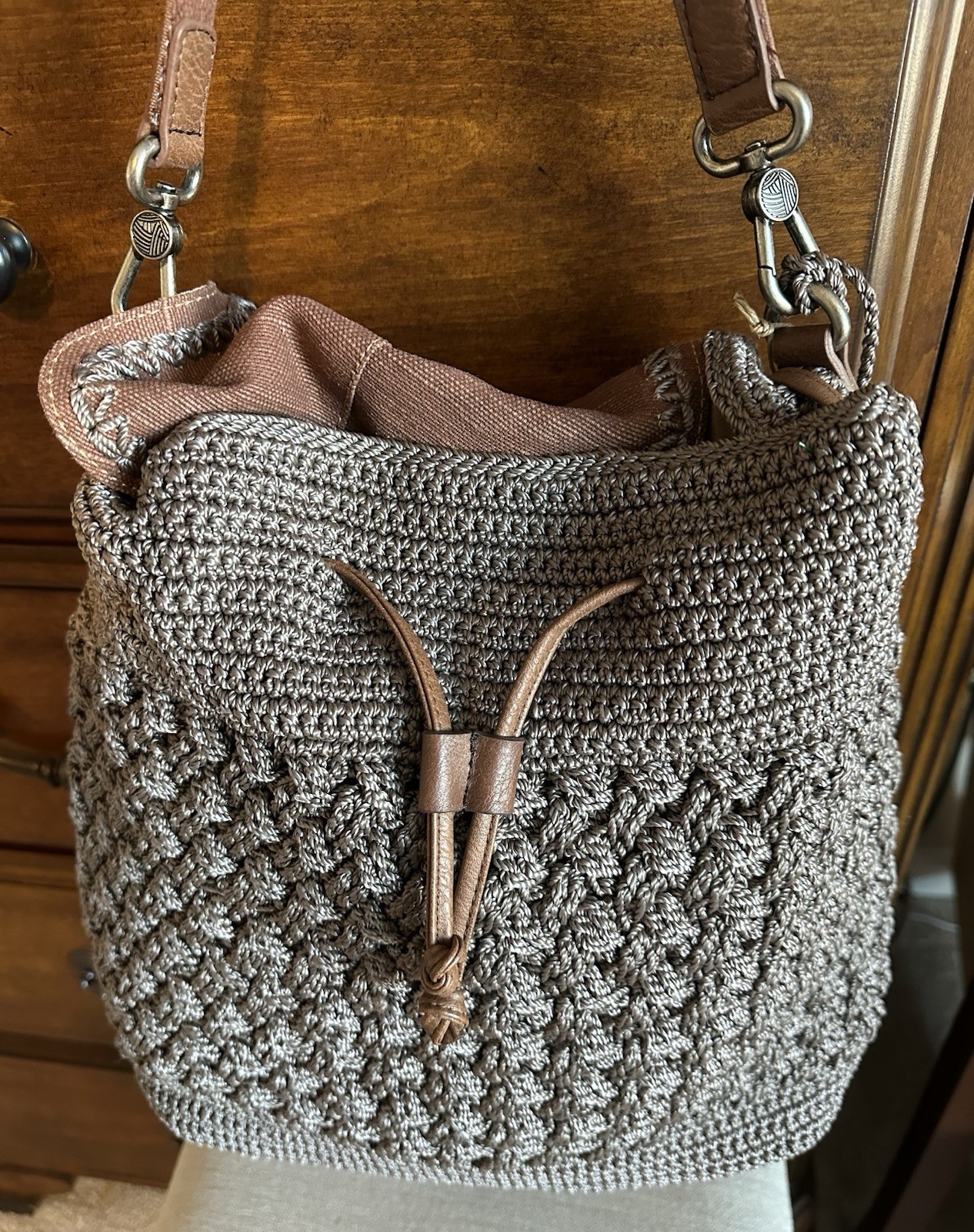 The SAK Avalon Convertible Brown Crochet Backpack Purse NWOT