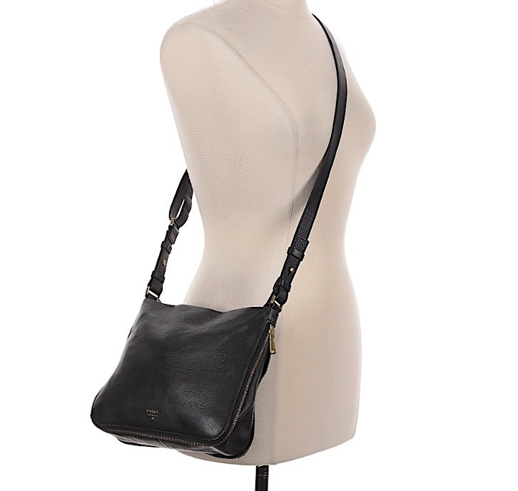 FOSSIL Pebbled Leather Classic Convertible CrossBody Bag Zip Around 12×12 Black
