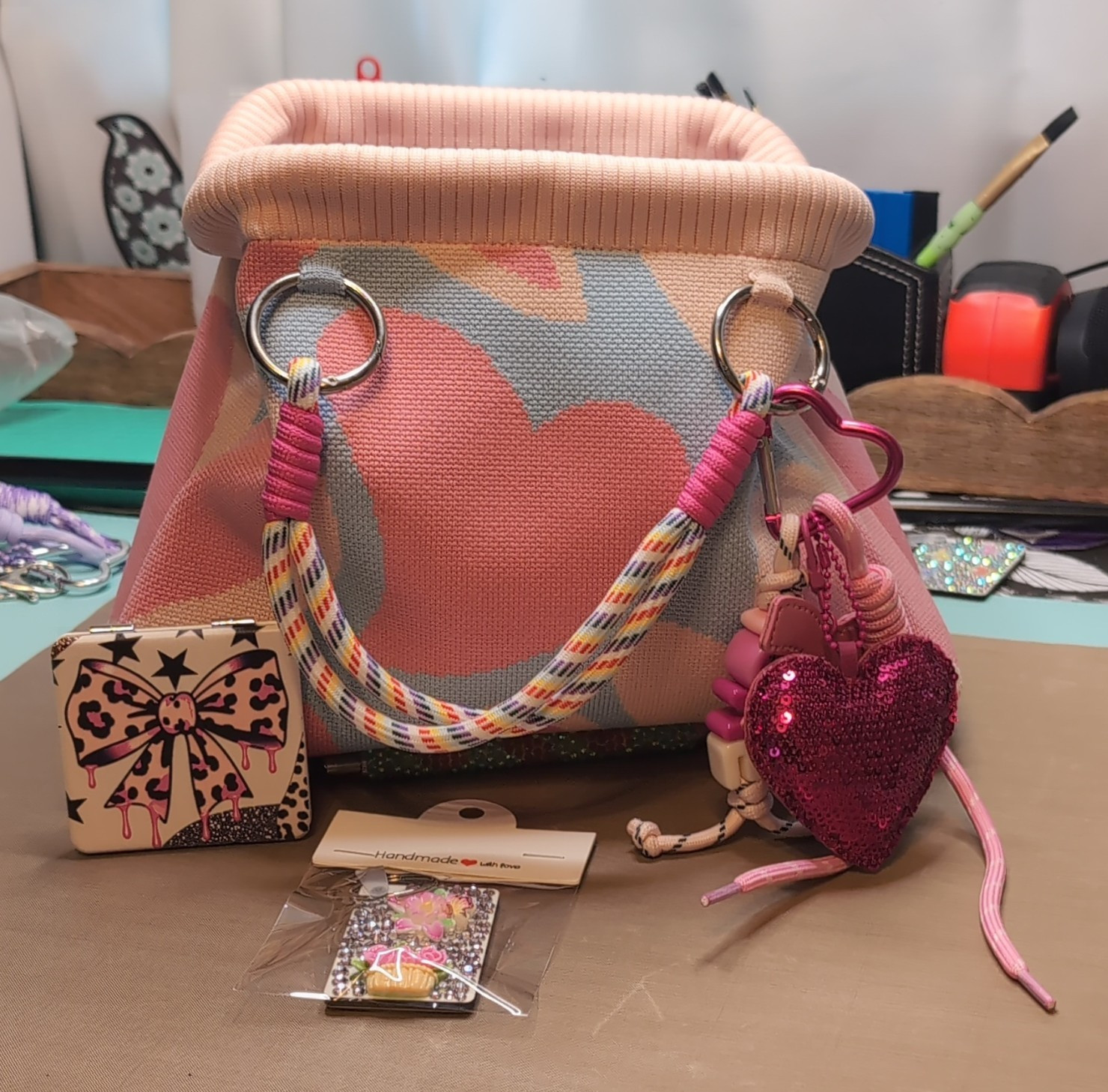 Women’s Small Pink/Blue Hearts Tote Bag, Rope Top Handle, Lined Pockets, Charm