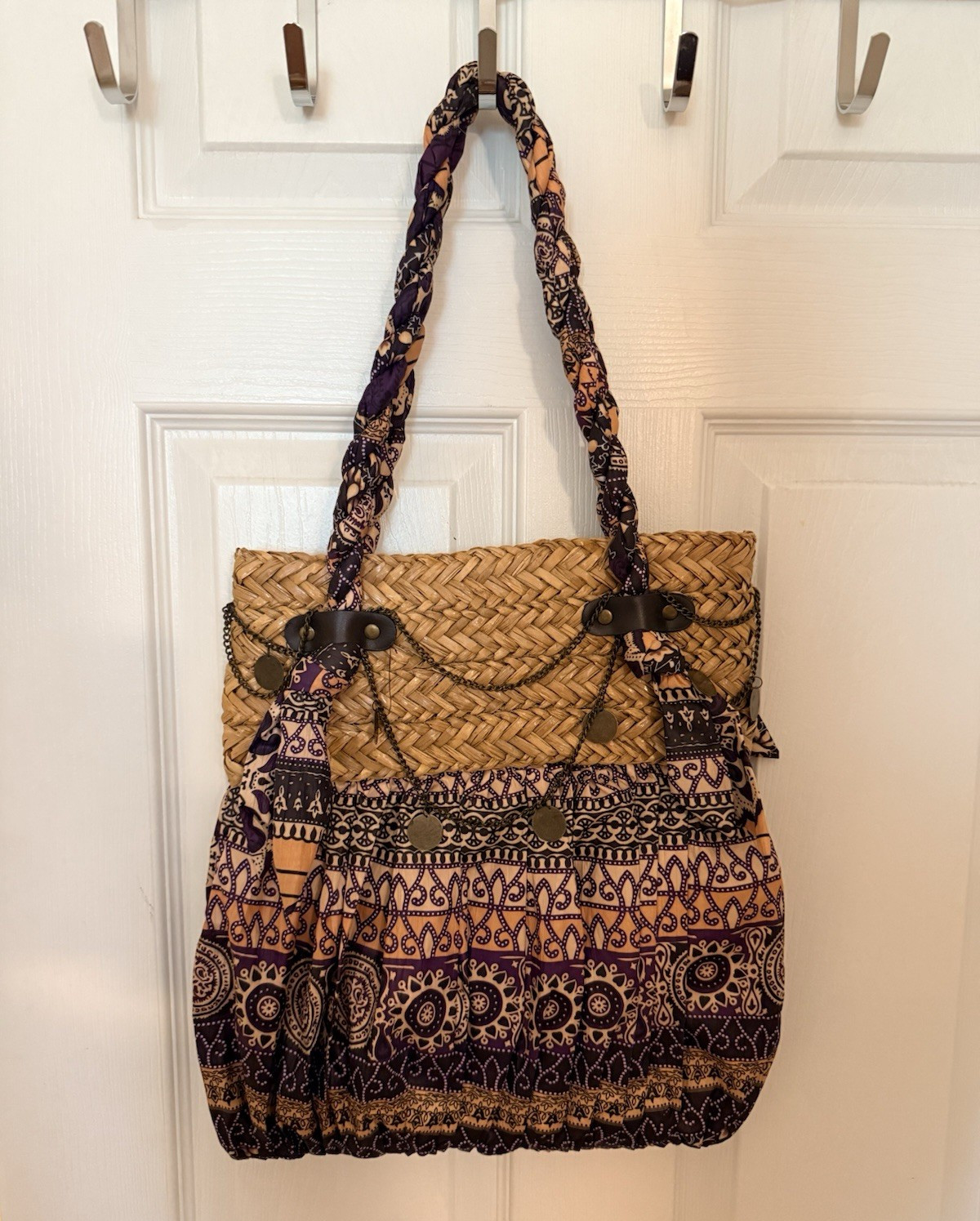 Paisley Tote Bag Tan/Purple Double Handles Magnetic Closure Lined Inner Pockets