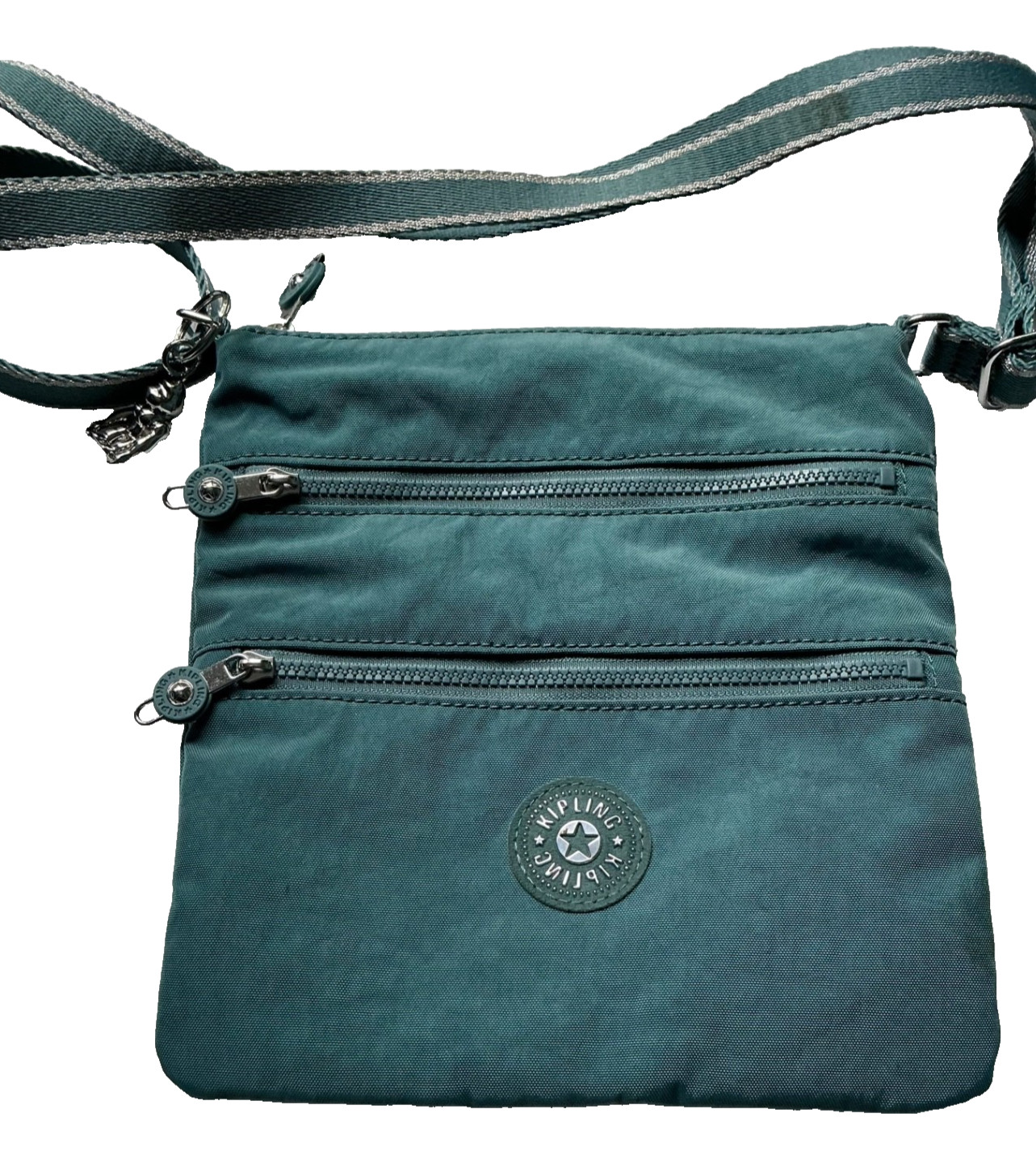 Kipling Live Light Keiko 3 Zip Teal Crossbody Metallic Trim Monkey Charm EUC
