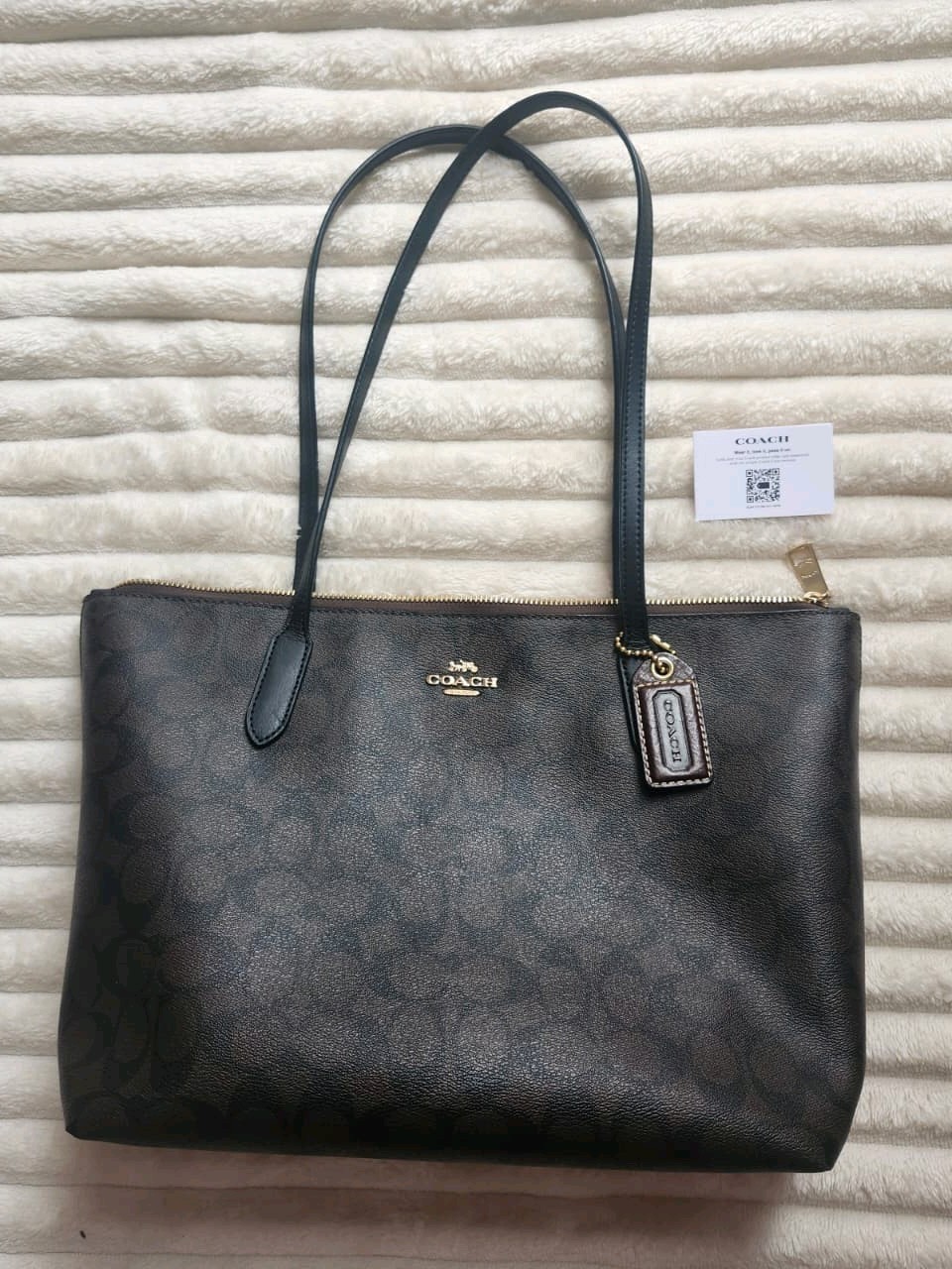 NWT Coach Fiona Zip Tote Bag In Signature Canvas CBT18 Walnut/black