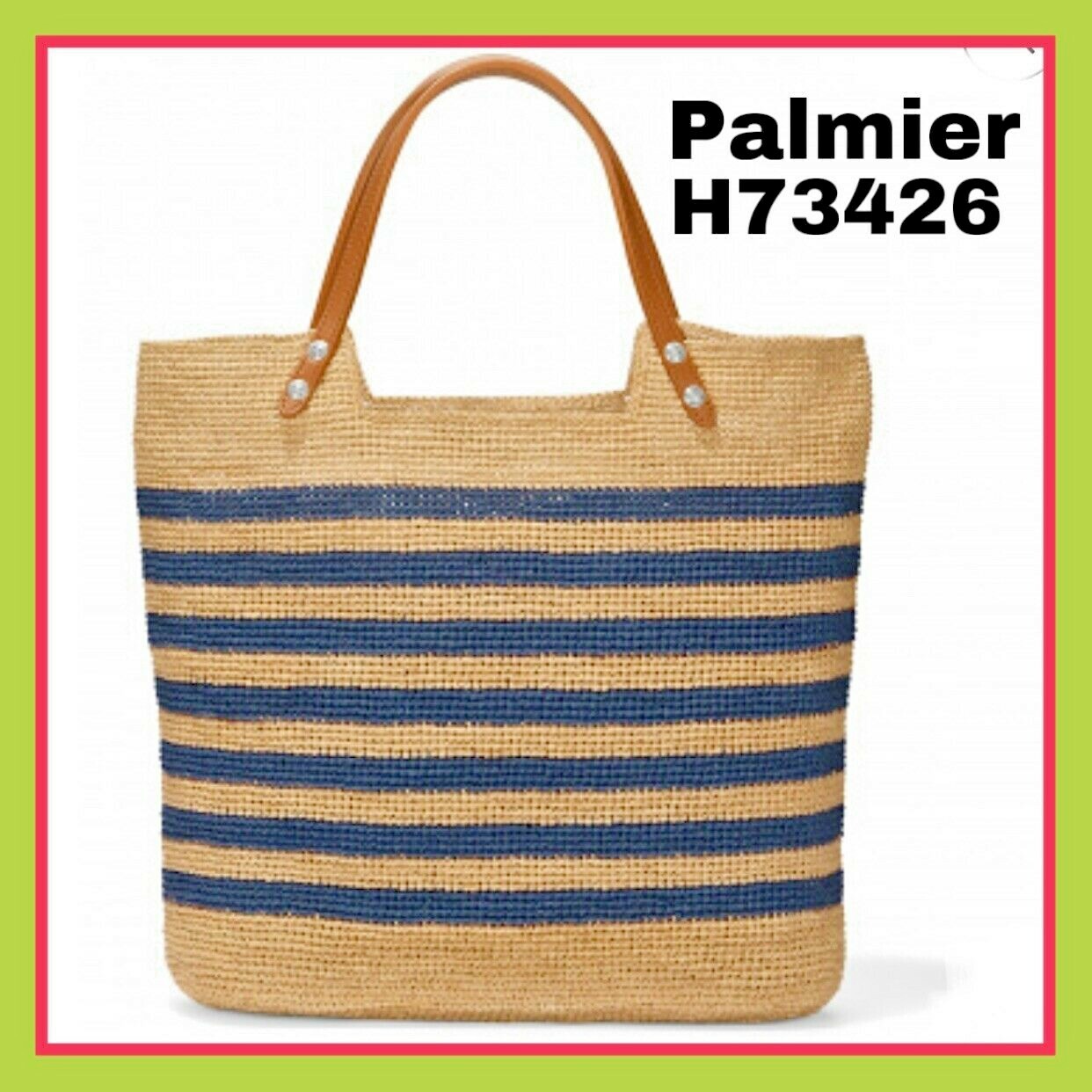 Brighton Ferrara Collection PALMIER RAFFIA Straw TOTE Wheat & Blue H73426 NWT