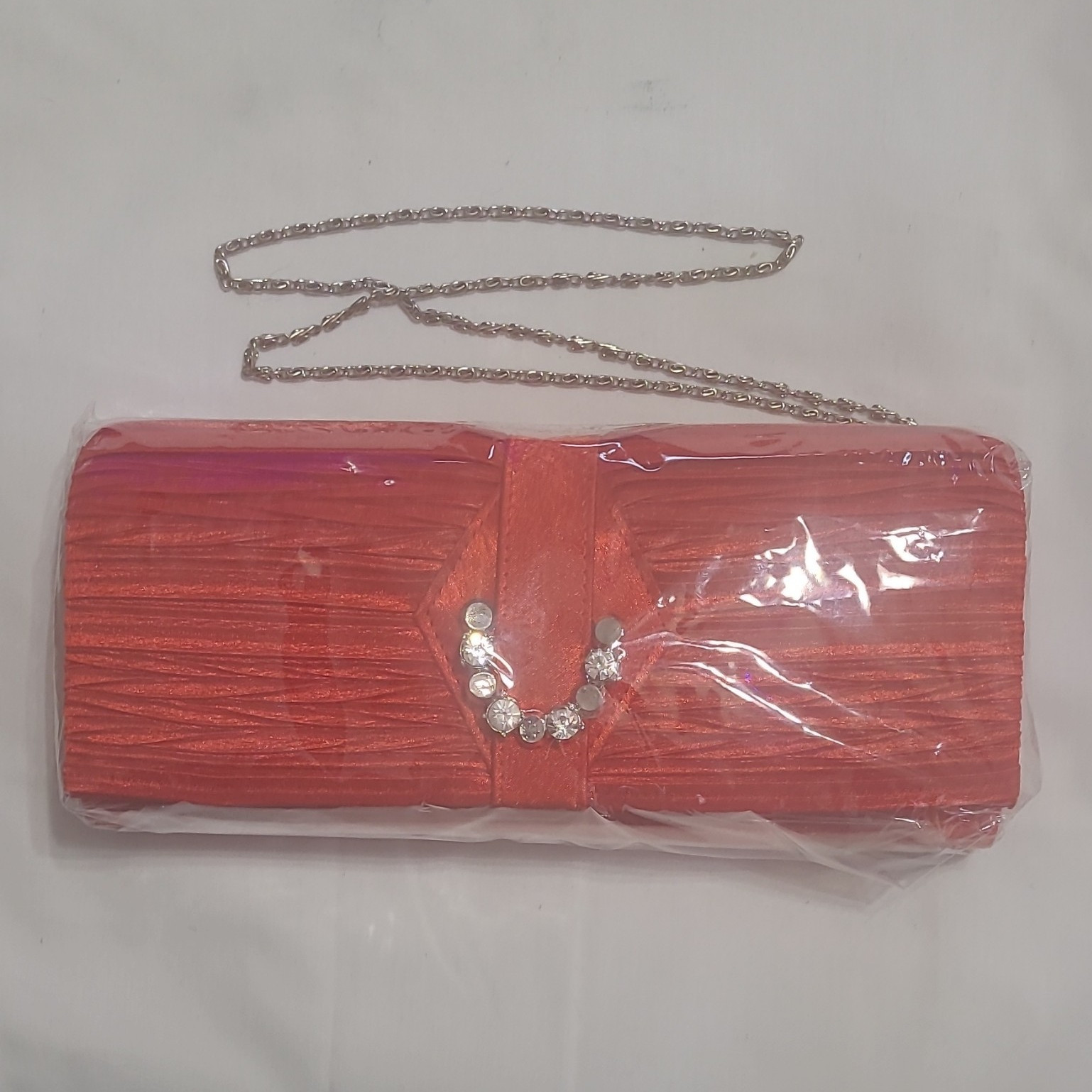 Red Pleated Clutch Handbag w/ Rhinestone Accent, Silver Chain Strap, Snap