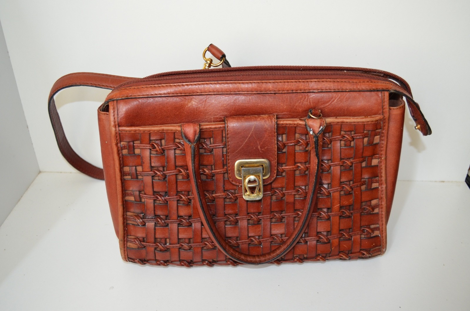 Vintage Etienne Aigner Leather Woven Purse with Brass Clasp