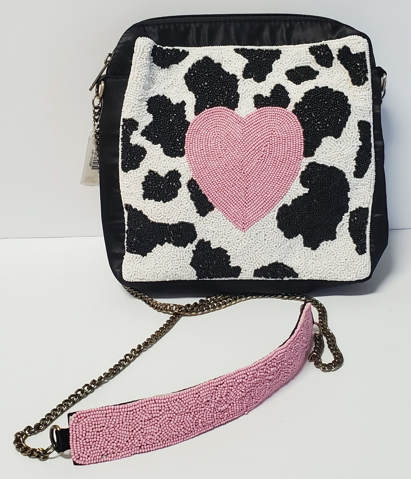 Beaded Purse Cow Black Satin White Pink Heart / Strap Aged Gold Metal Strap NWT