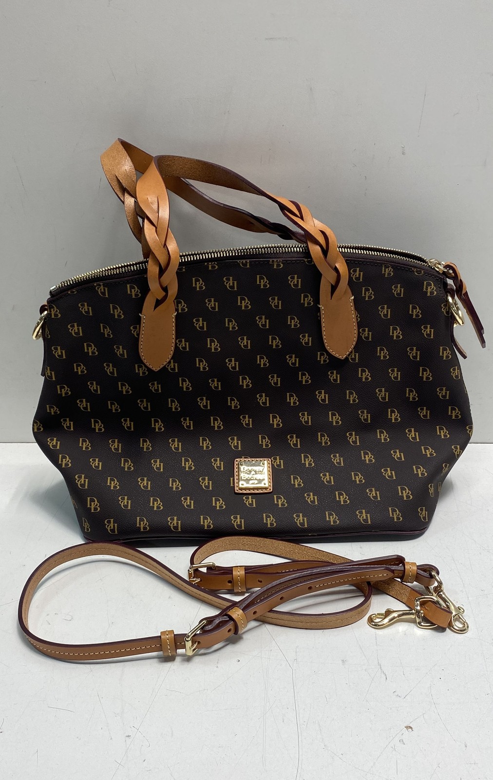 Dooney & Bourke Brown Monogram Signature DB Satchel Braided Handles Crossbody