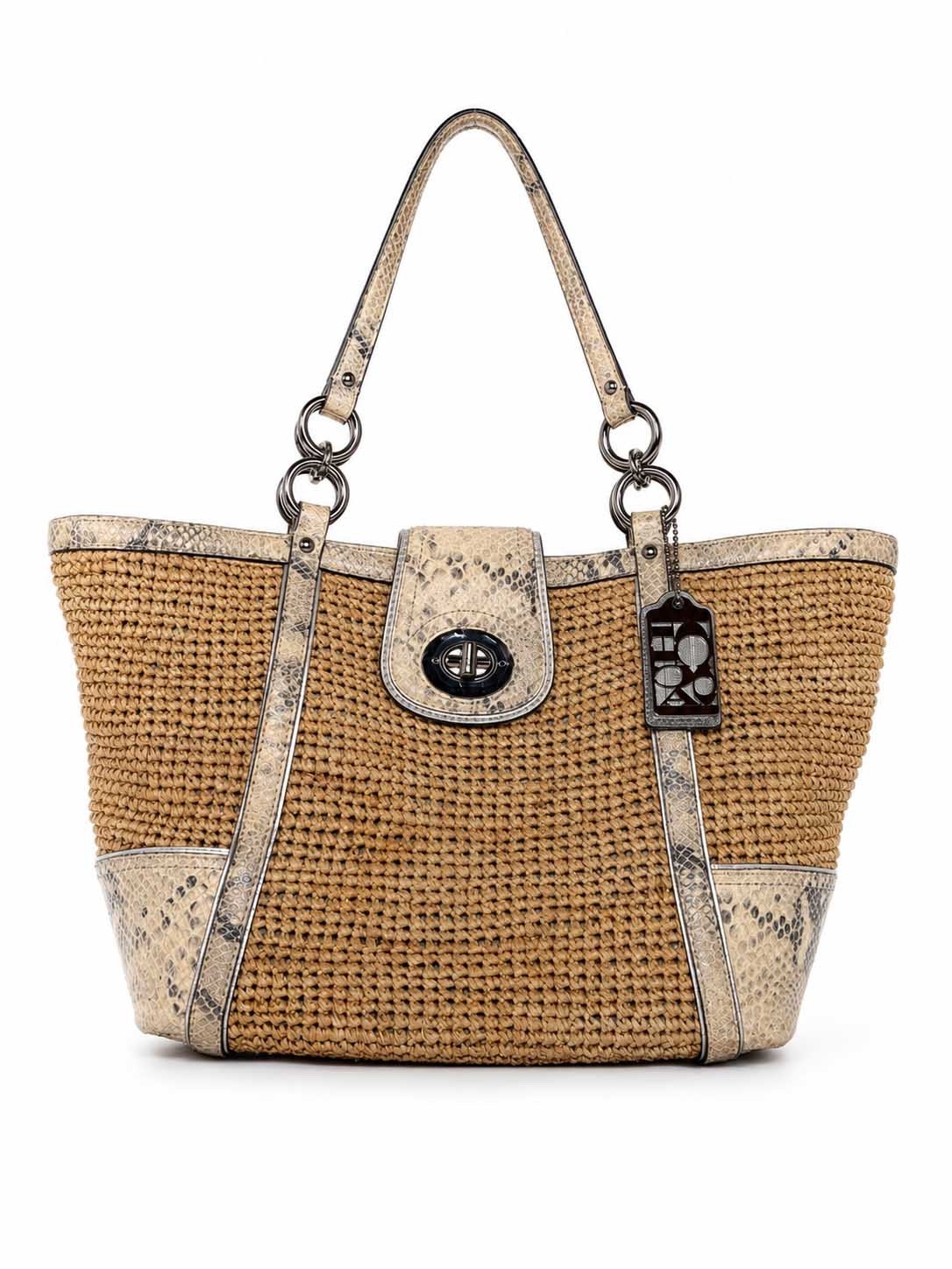 Coach Hamptons Raffia Straw Tote Bag Python Leather Turn Lock Shoulder Purse 17″