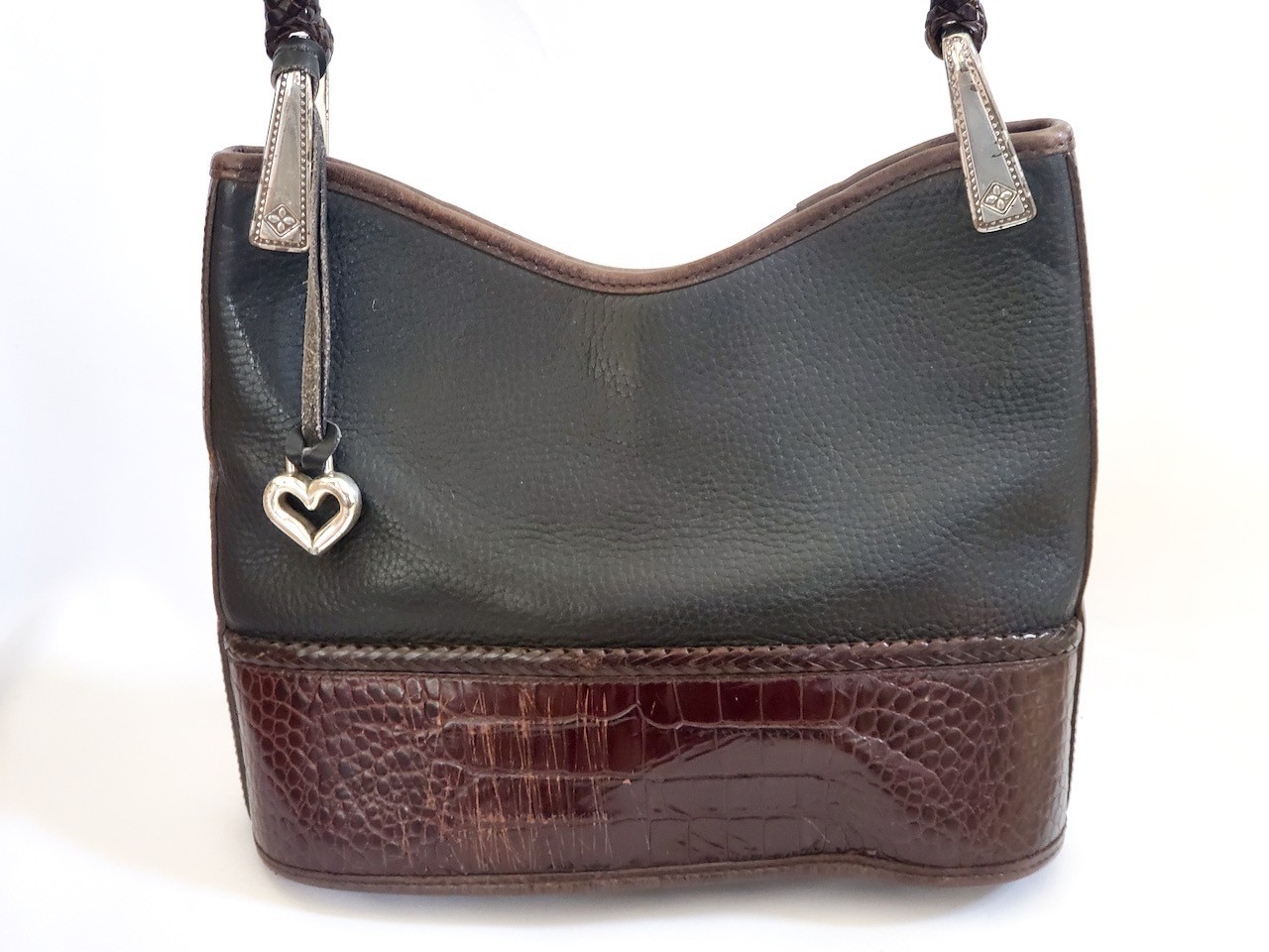 Brighton Collection Black Brown Leather Moc Croc Shoulder Bag Purse Woven Strap