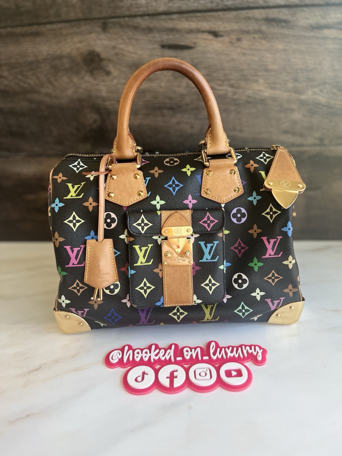 Authentic Louis Vuitton Takashi Murakami Black Multicolor Speedy 30 Handbag Bag