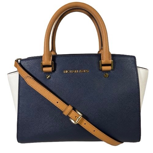 Michael Kors Selma Saffiano Leather Satchel Shoulder Bag Tricolor Navy White Tan