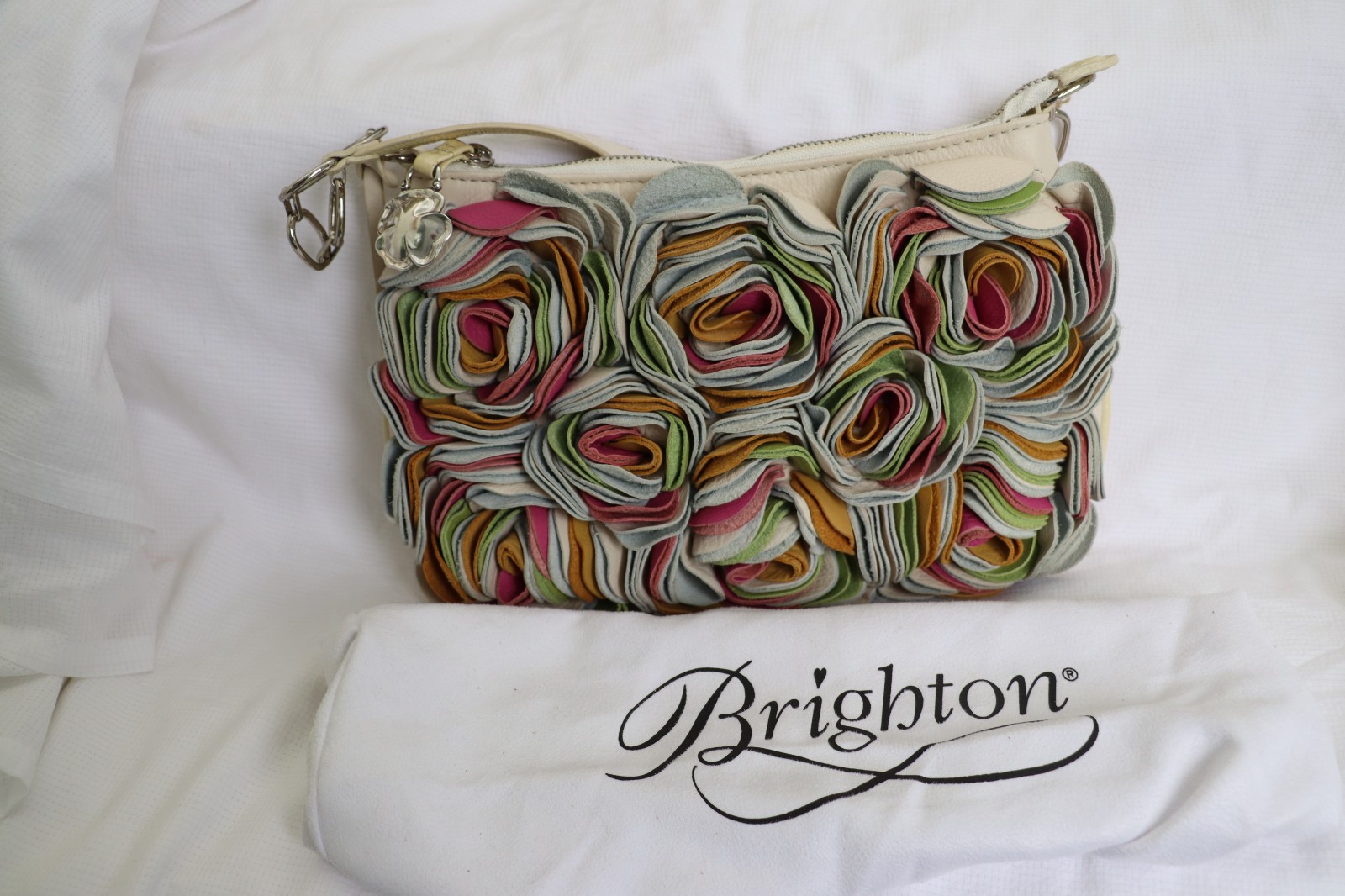 Brighton Masterpiece Collection 3D Leather Cream & Multicolor Floral Handbag
