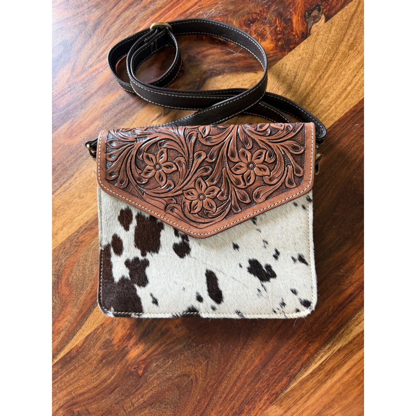 Western Cowhide Tooled Floral Leather Crossbody Bag Brown White Handbag
