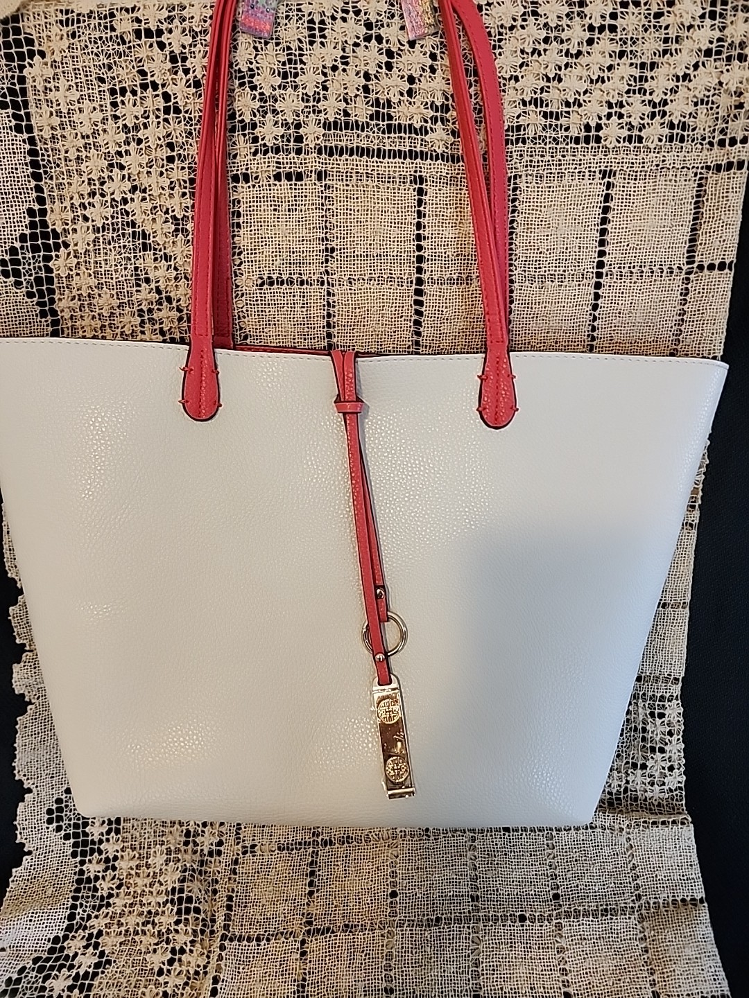 Tote Bag Purse Monogrammed KM Salmon Ivory Faux Leather Unbranded See Photos