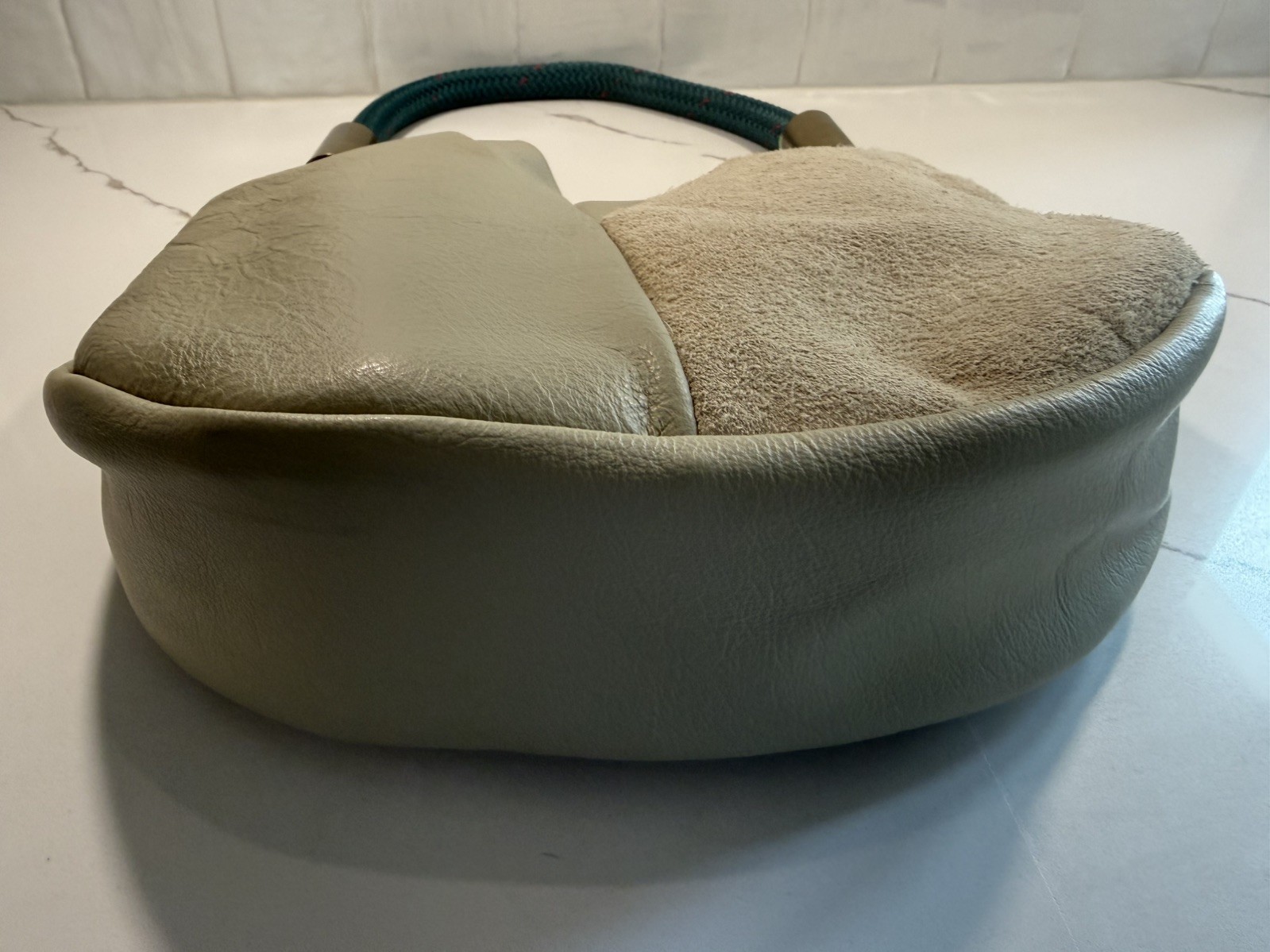 WILDWOOD OYSTER CO Ivory Leather and Suede Shoulder Bag Seaside Teal Dock Rope