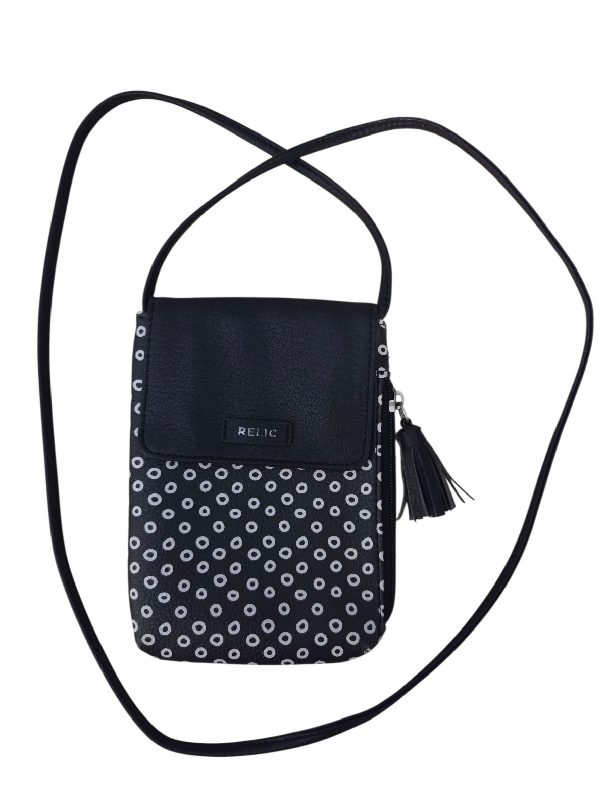 Relic Black & Ivory Spotted Faux Leather Crossbody Bag 7.25″ x 5.25″