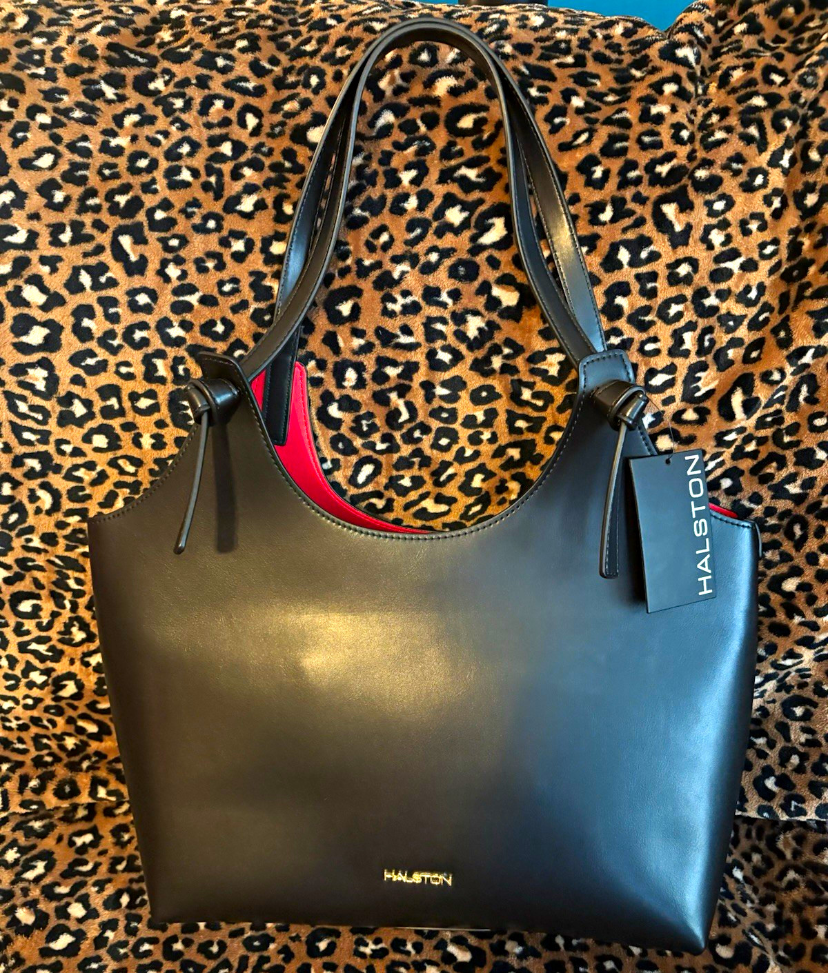 NWT Halston Brooke Black Shoulder Tote Bag Red Interior Gold Hardware MSRP