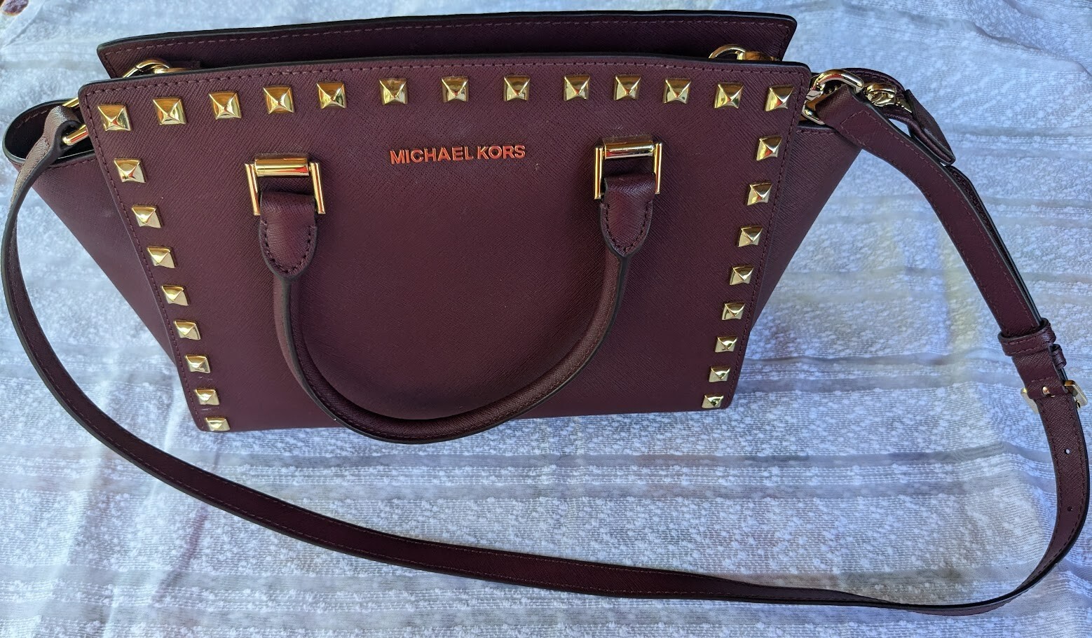 Michael Kors Selma Studded Handbag Leather Satchel Burgundy