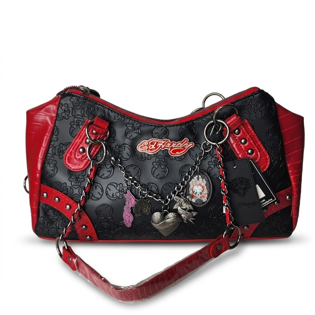 ​Ed Hardy Embossed Skull Shoulder Bag Charm Vegan Leather Black Red Croc Y2K