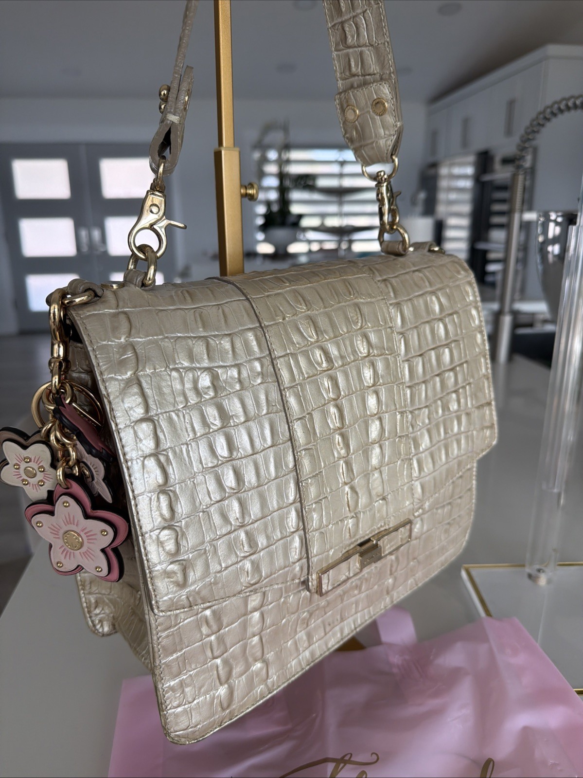 Y2K Vintage Brahmin Push Lock Satchel Metallic Subtle Golden Hue See Description