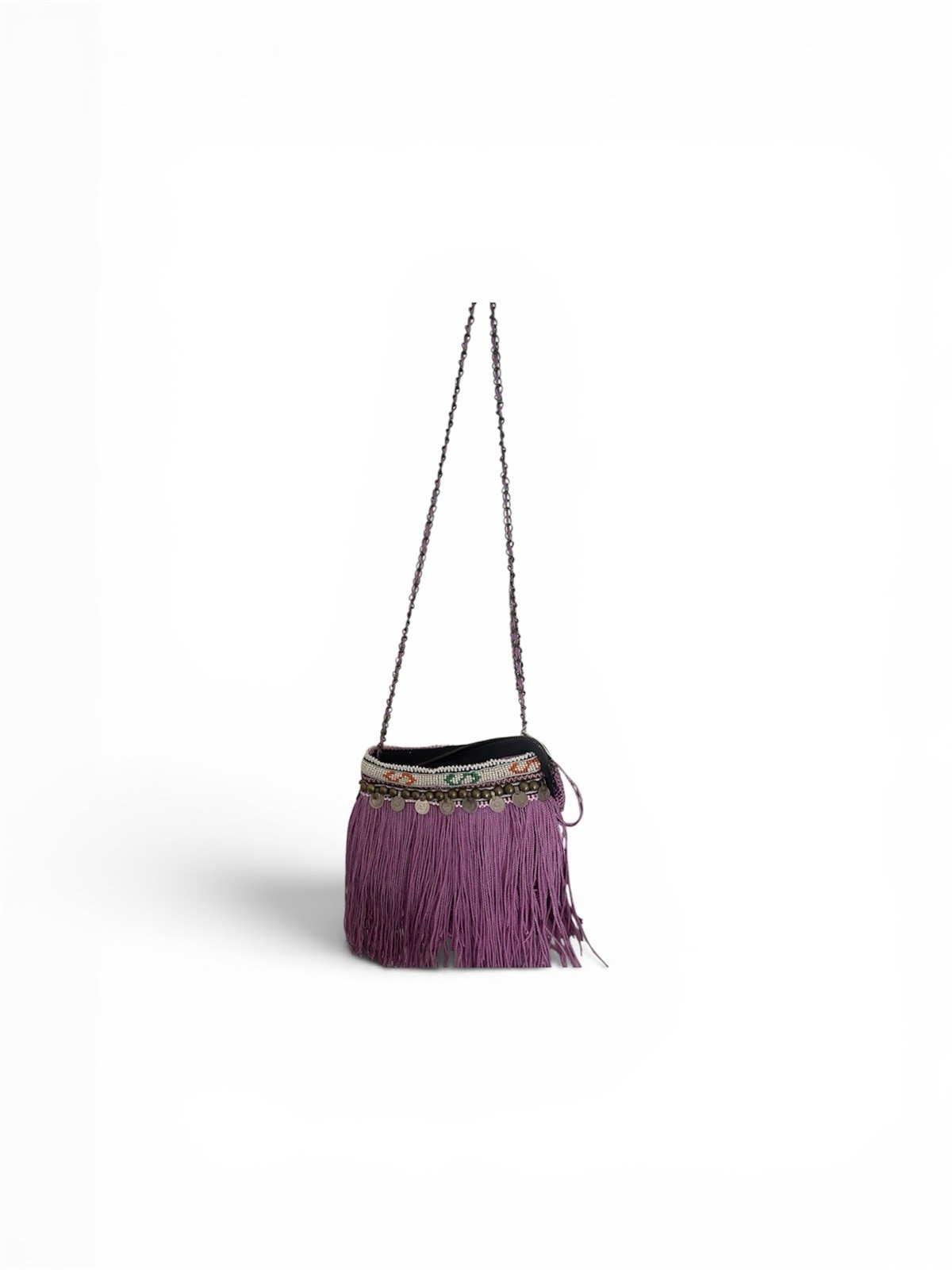 Elliot Mann Purple Shoulder Bag Beaded Fringe Silver Chain Strap