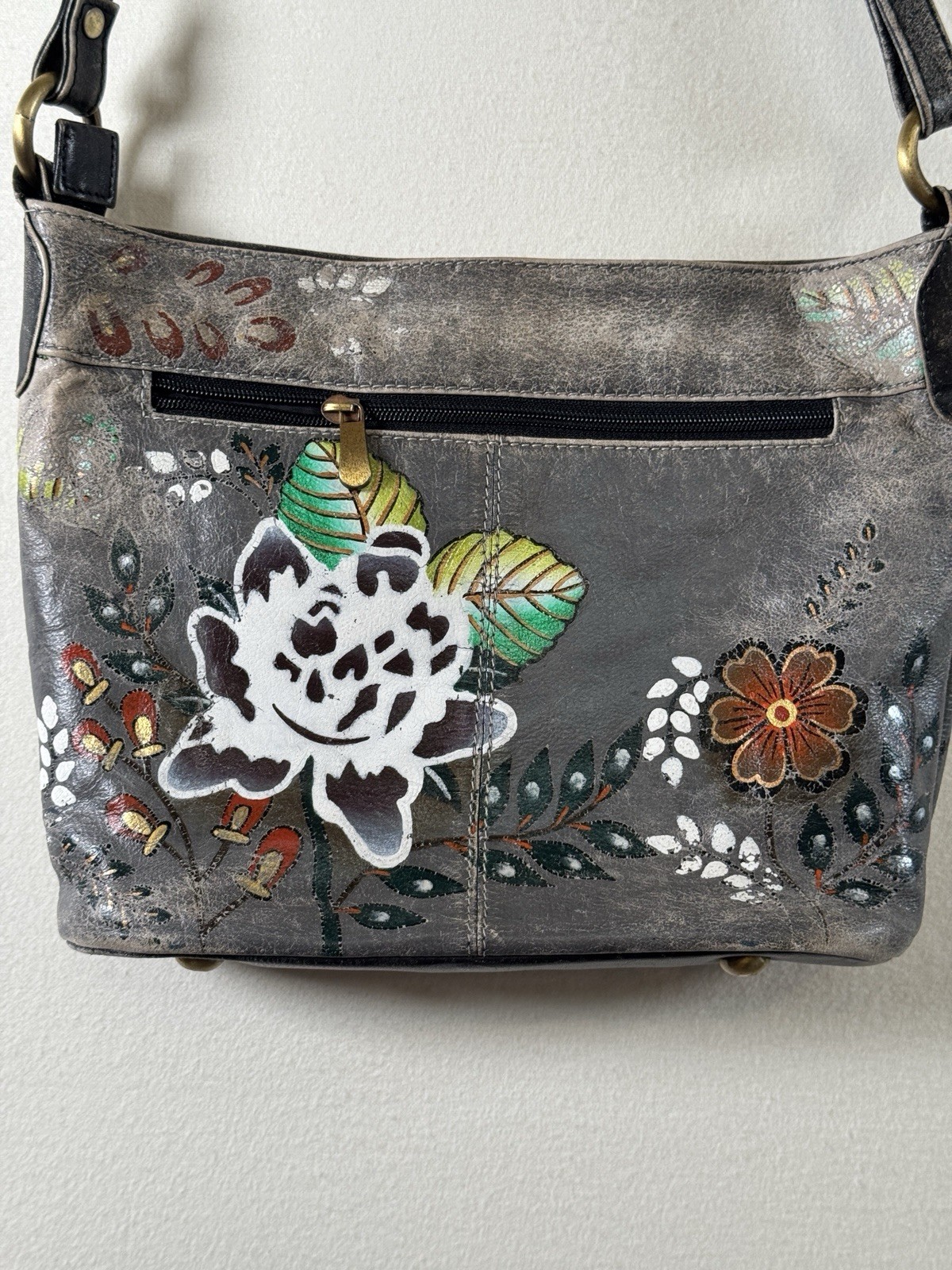 Hand Painted Floral Leather Crossbody Bag Boho Folk Art Purse Made in India