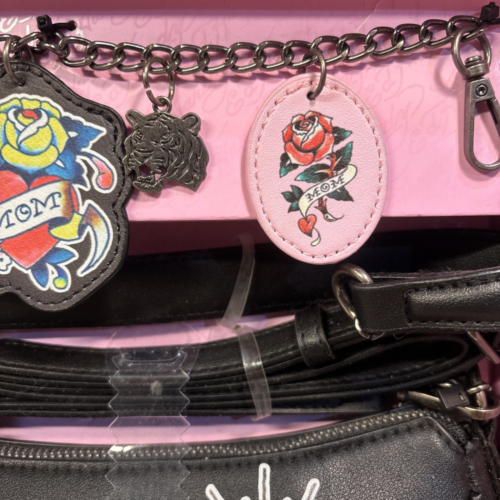 Ed Hardy Black Shoulder Bag Rhinestone Heart, Detachable Strap & Charm, Zip