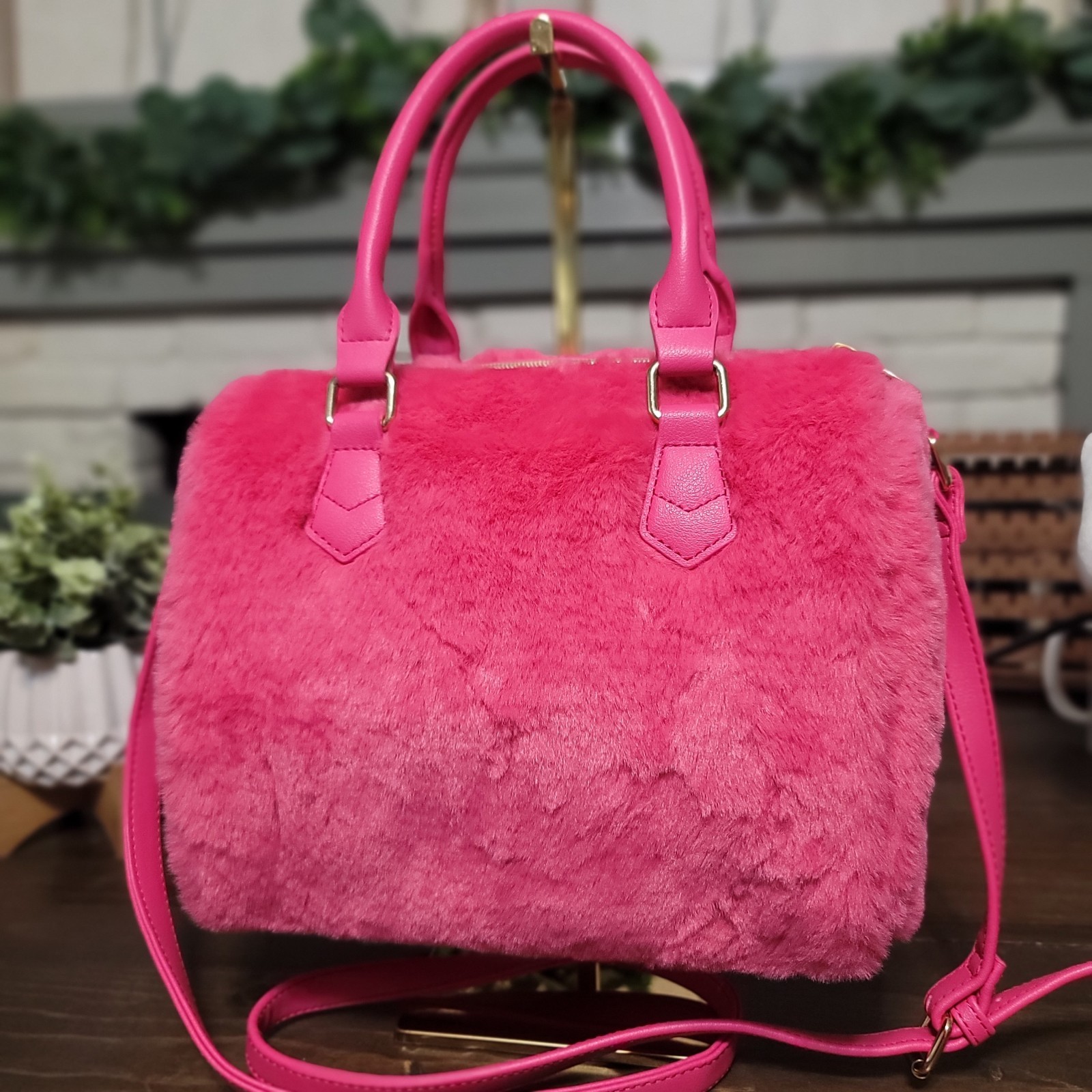 Juicy Couture Free Love Satchel Hot Pink Faux Fur Adjustable Crossbody Strap