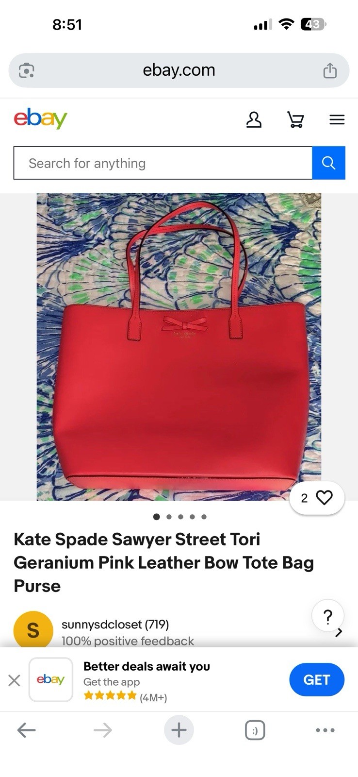 kate spade new york Sawyer Street Pink Bow Tote Bag Zip Closure Inner Pockets