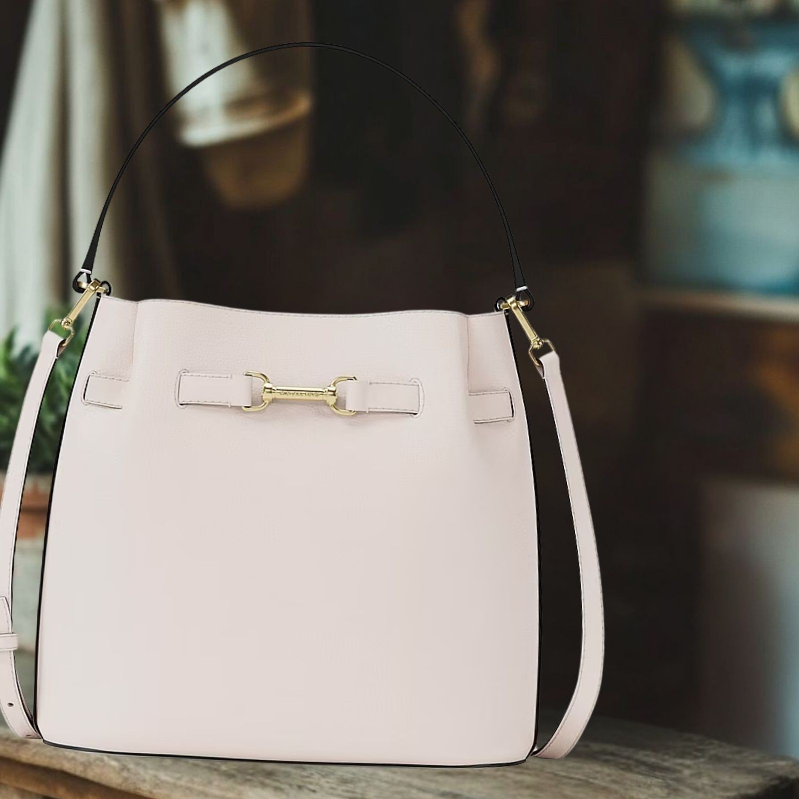Michael Kors Carson Medium Leather Convertible Bucket Crossbody Bag Light Cream