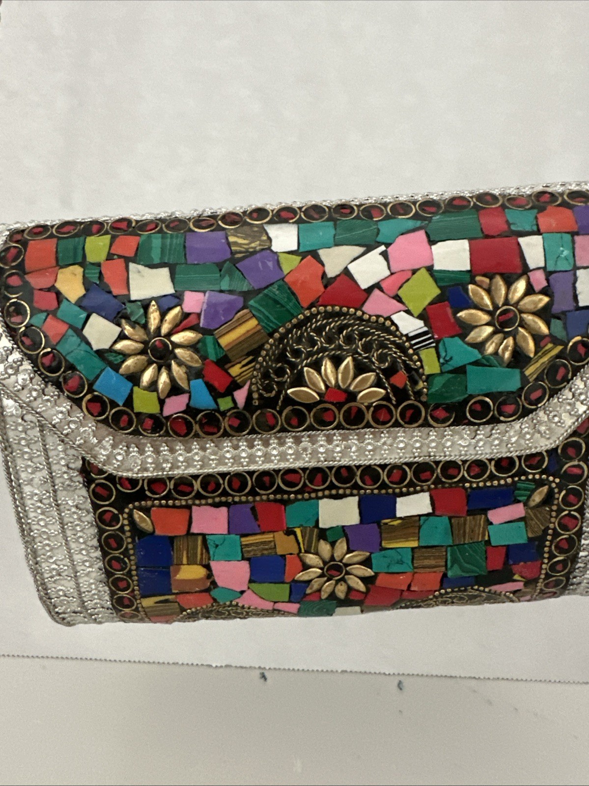Mosaic Metal Crossbody Handbag Women Bohemian Floral Pattern