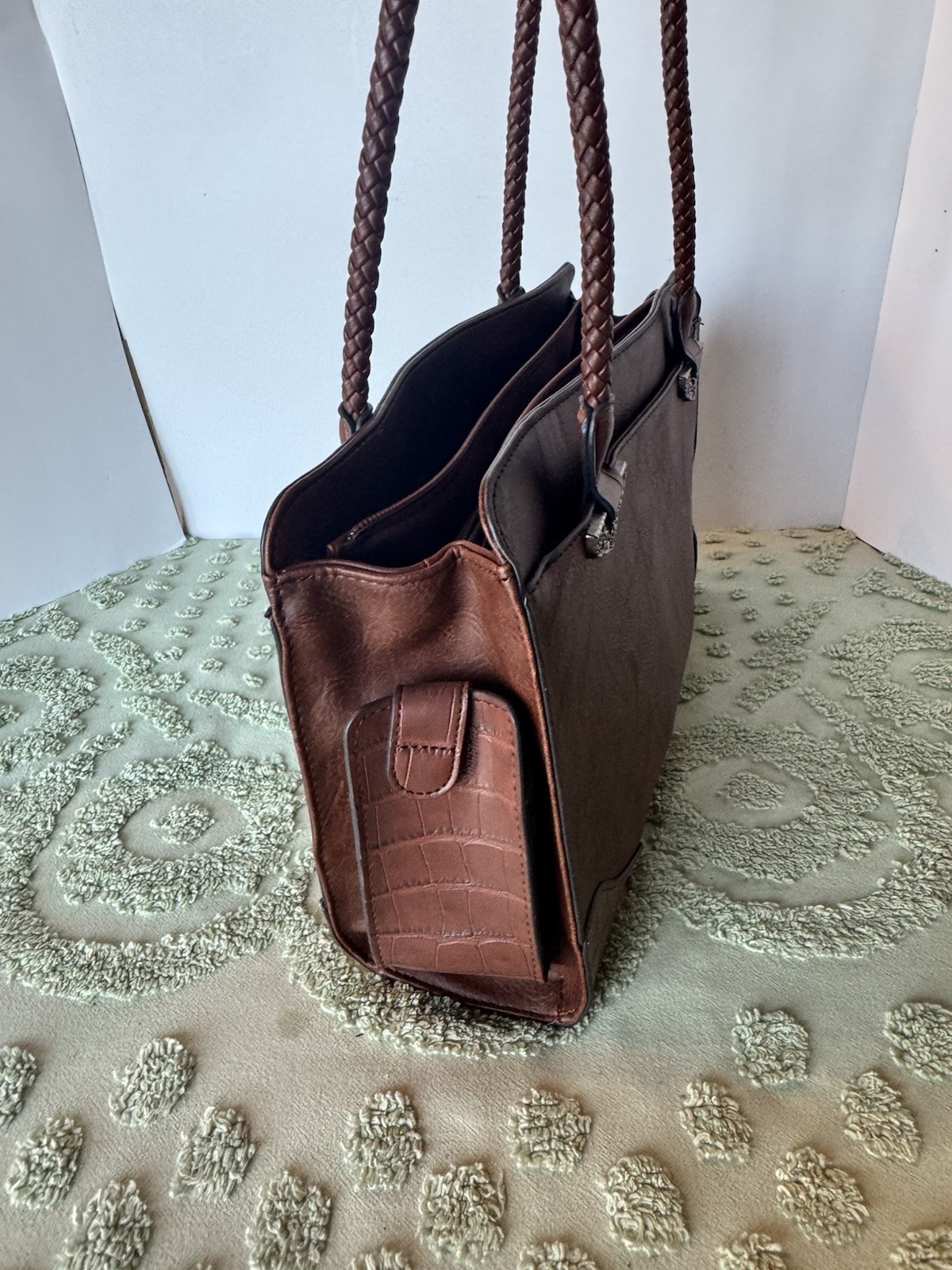 Bueno Satchel Bag Womens Medium Brown Faux Leather Braided Western Handbag Purse
