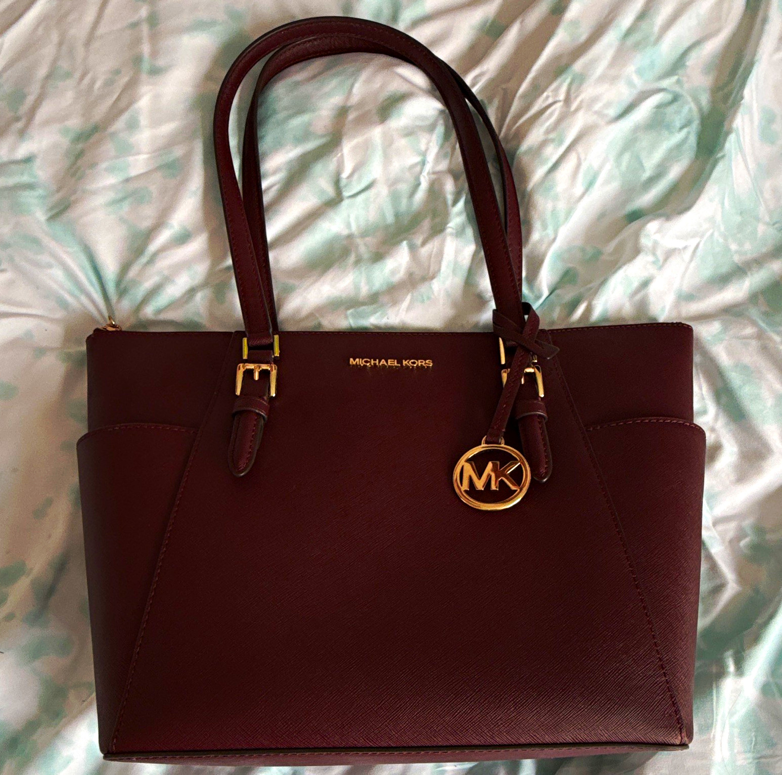 Michael Kors Burgundy Large Zip Tote, Inner Pockets, Gold Charm