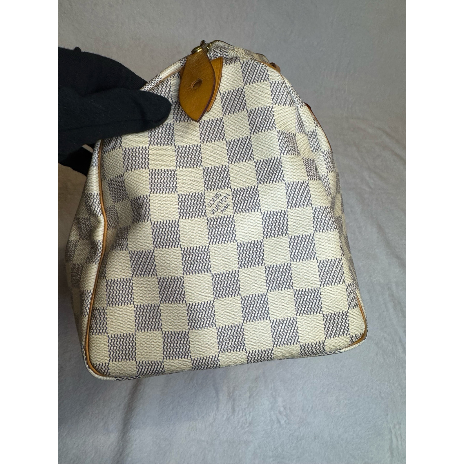 Louis Vuitton Speedy 30 Damier Azur Canvas Vachetta Leather Lock Key Bag Charm G