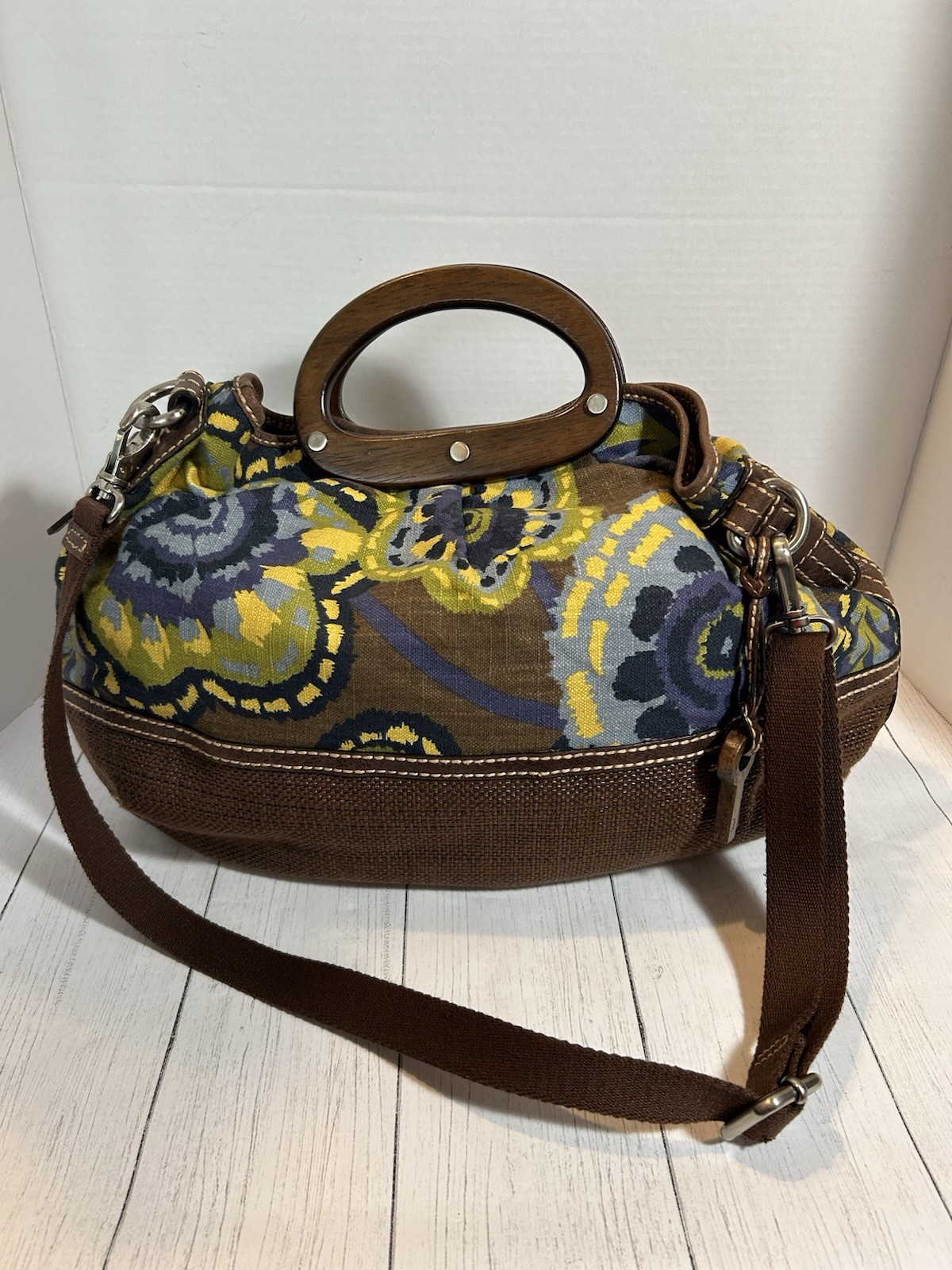 Fossil Key Per Canvas And Leather Handbag Floral Original Brand