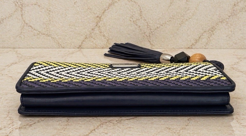 NEW Rebecca Minkoff Woven Leather Clutch Wallet Blue Yellow Purple Tassel 10.5”