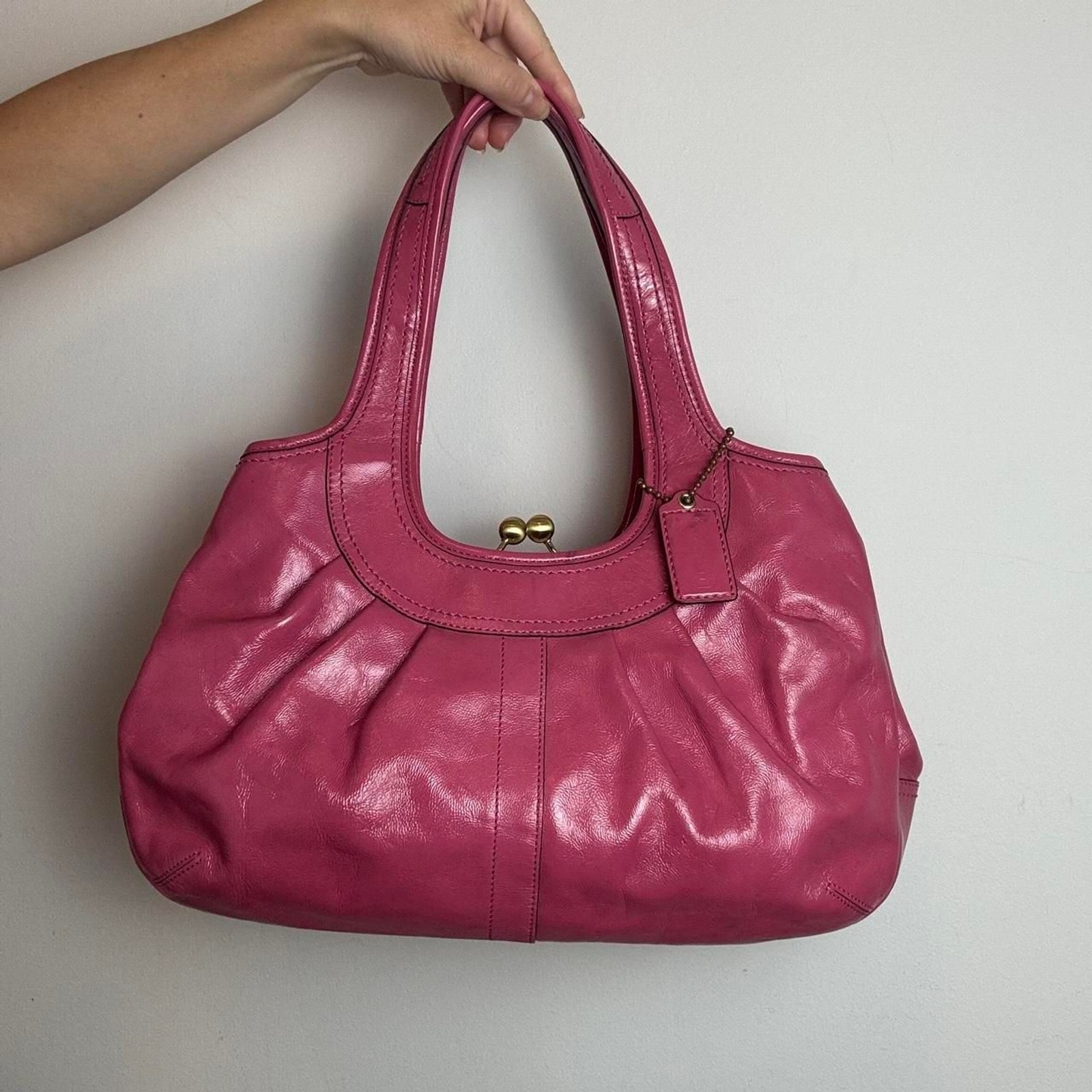 Coach Pink Patent Leather Ergo Pleated Frame Satchel with Kisslock Closure