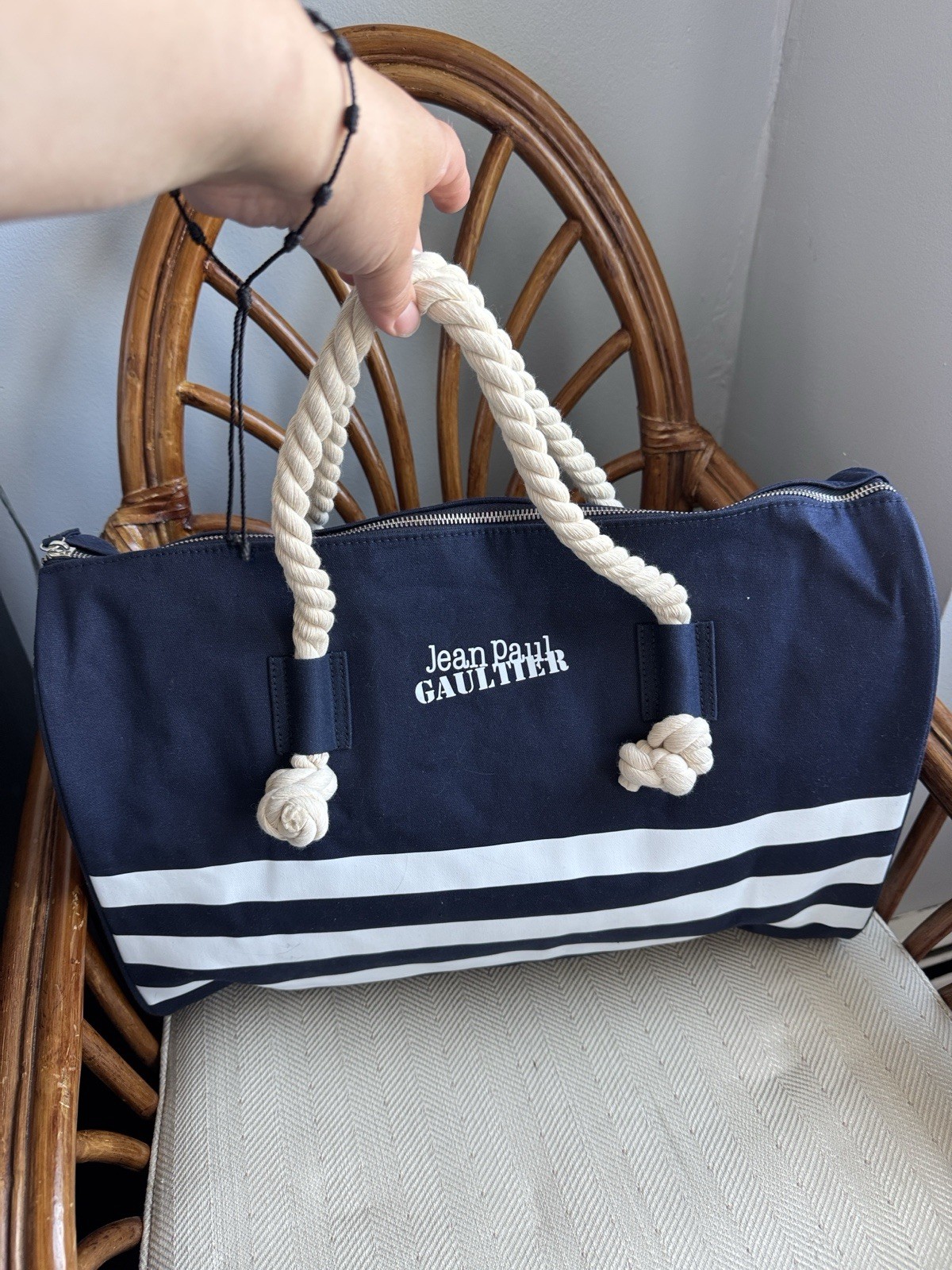Jean Paul Gaultier Navy and Cream Rope-Handle Duffel Large