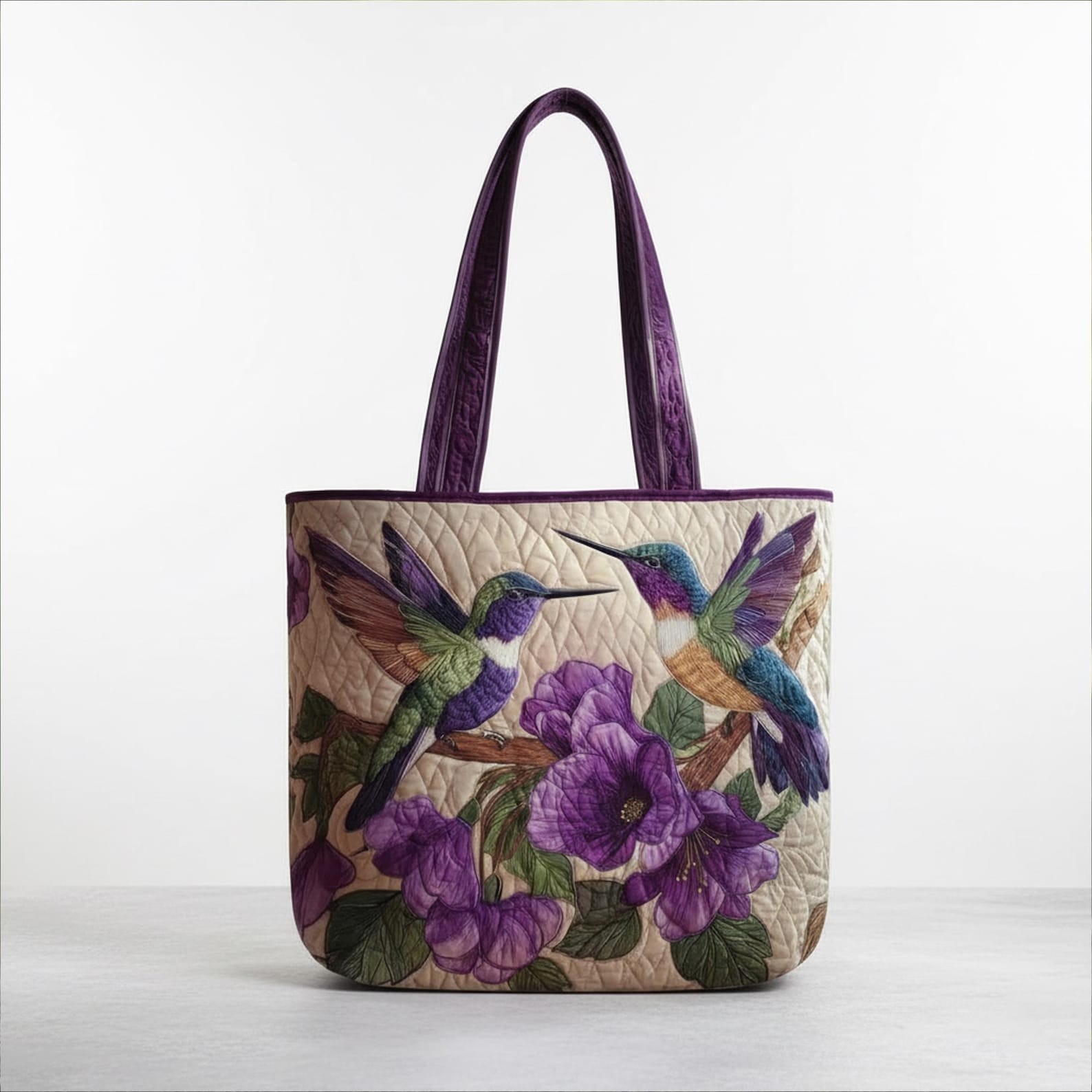 Hummingbird Quilted Tote Bag, Purple Floral Bird Bag, Handmade Style Shoulder Ba