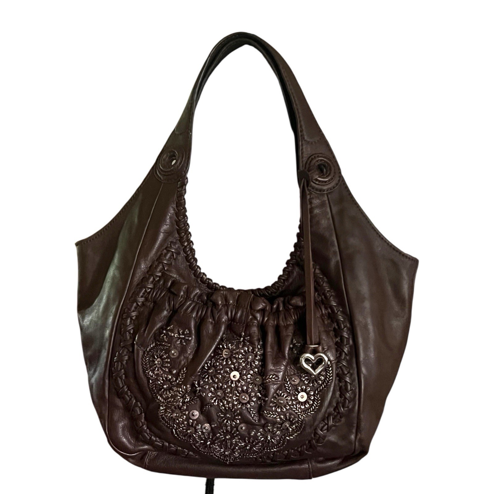 Brighton Leather Masterpiece Collection Hobo beaded & braided detail handbag