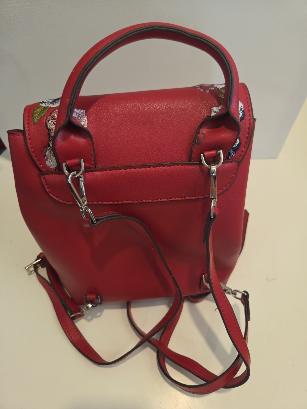 CHARLES & KEITH Women’s Red Floral Embroidered Backpack Drawstring Silver