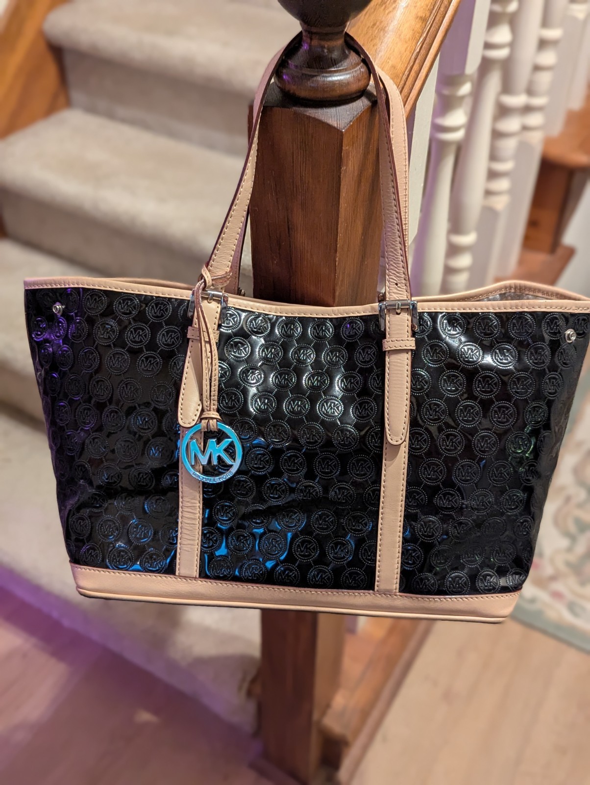 Michael Kors Large Logo Tote Bag Black and Tan Leather Trim Excellent Condition