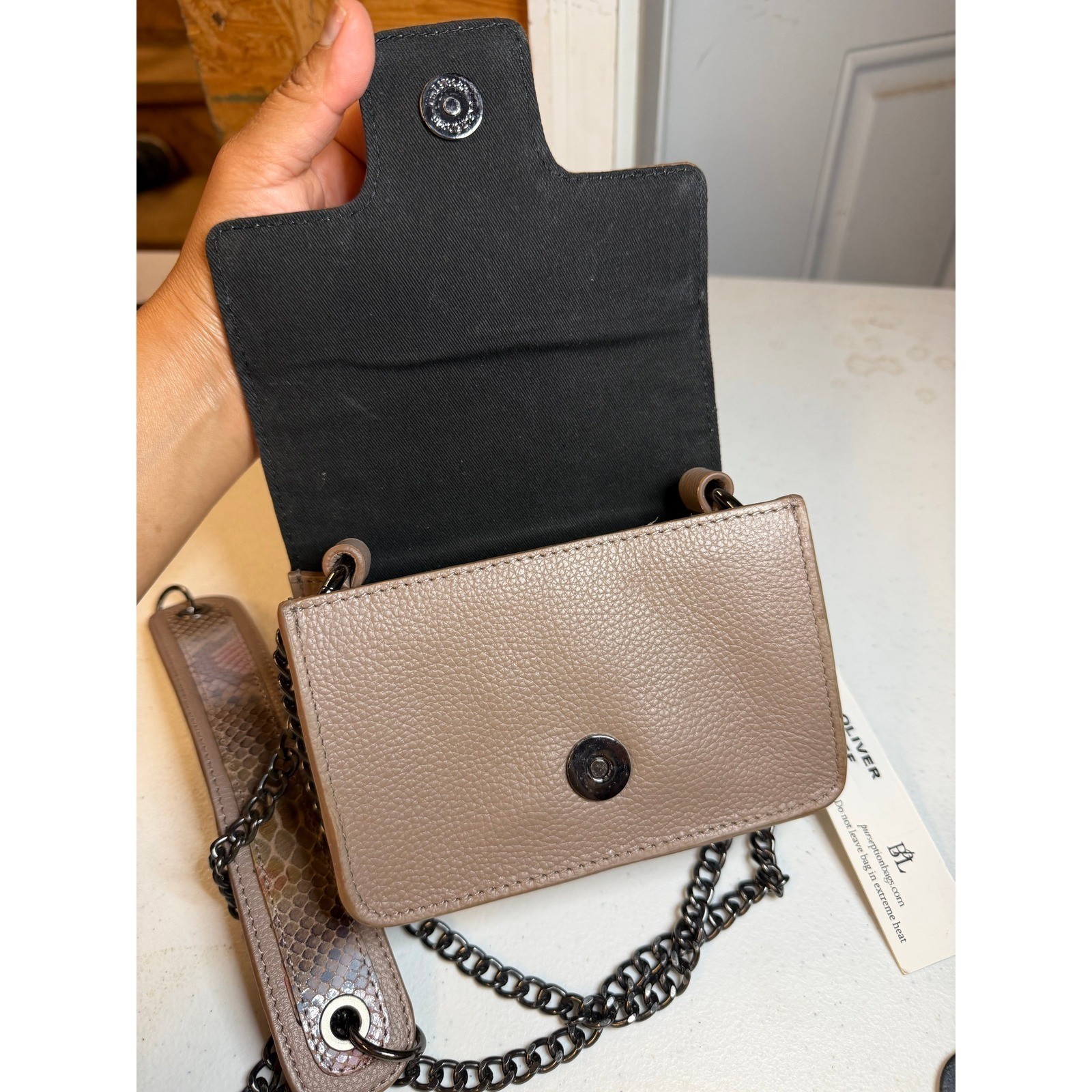 Purseption by B+L Snakeskin Embossed Leather Tassel Crossbody Bag Taupe Multi
