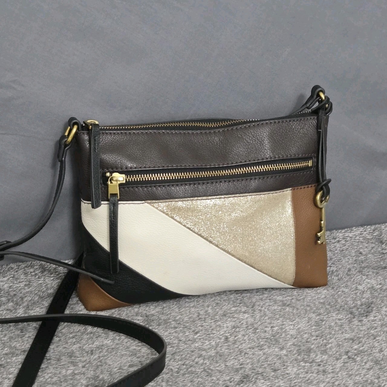 Fossil Fiona Medium East/West Colorblock Leather Crossbody Bag Patchwork Purse