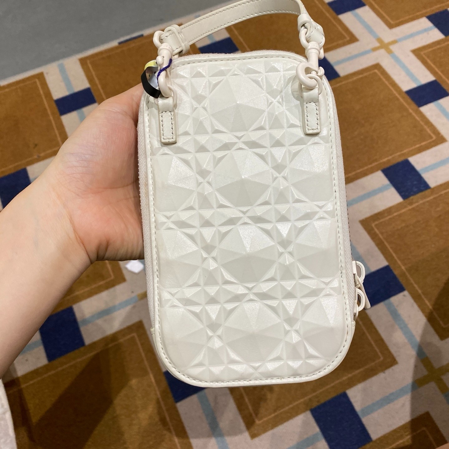 Preloved Dior Lady Dior Call’in Vertical Phone Pouch,White Diamon Crossbody Bag