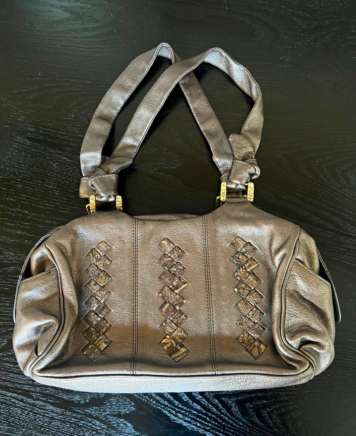 Brighton Metallic Silver Zip Satchel Top Handle Double Handles Pink Polka Lining