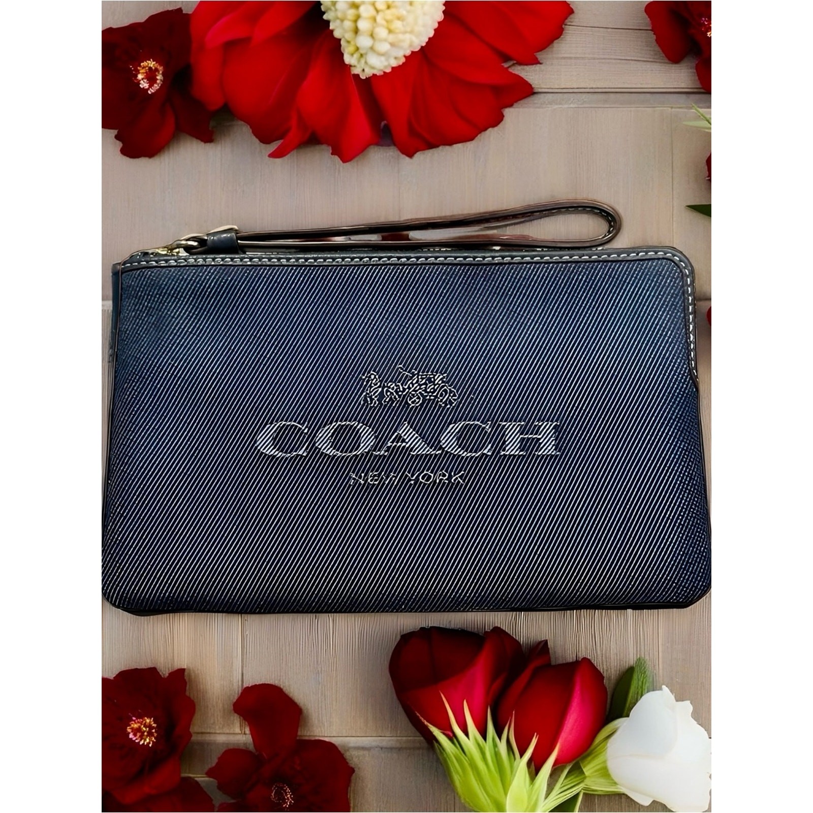 COACH Large Corner Zip Wristlet | Dark Denim Horse & Carriage Logo