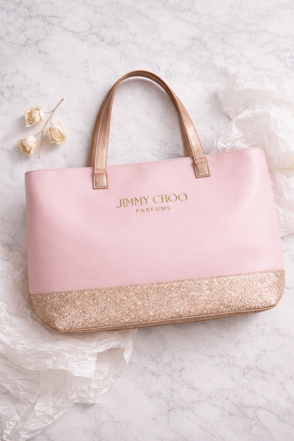 JIMMY CHOO PARFUMS WOMENS LARGE TOTE BAG LIGHT PINK AND GLITTER BOTTOM NWOT