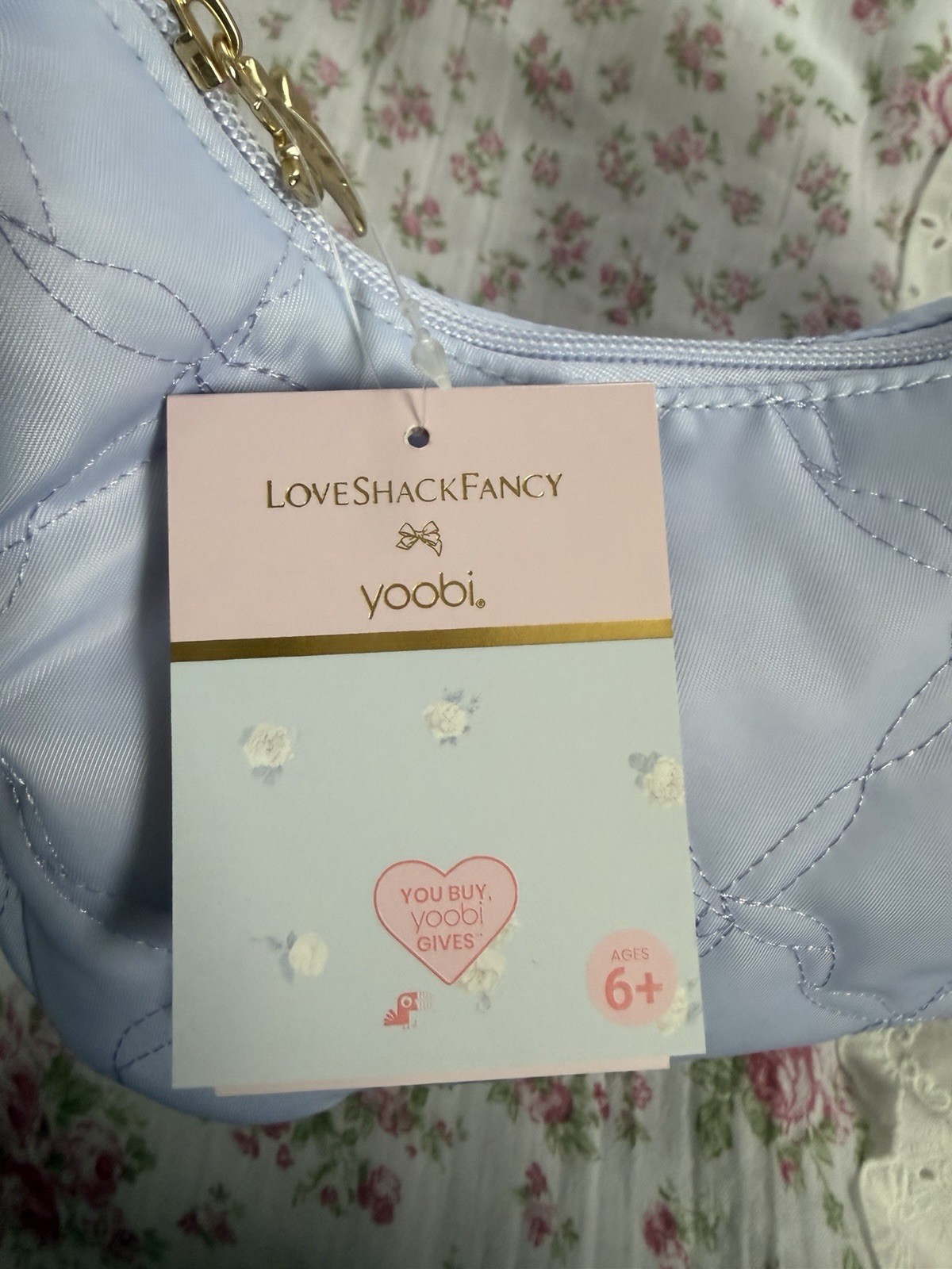 LoveShackFancy x yoobi Light Blue Quilted Shoulder Bag Gold Bow Zip, Lined