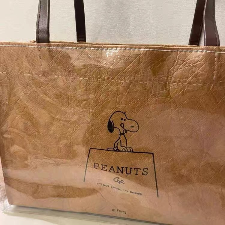 PEANUTS Cafe NGO Brown Bag Tote Crinkled Waterproof Snoopy One Mile Shopper Bag